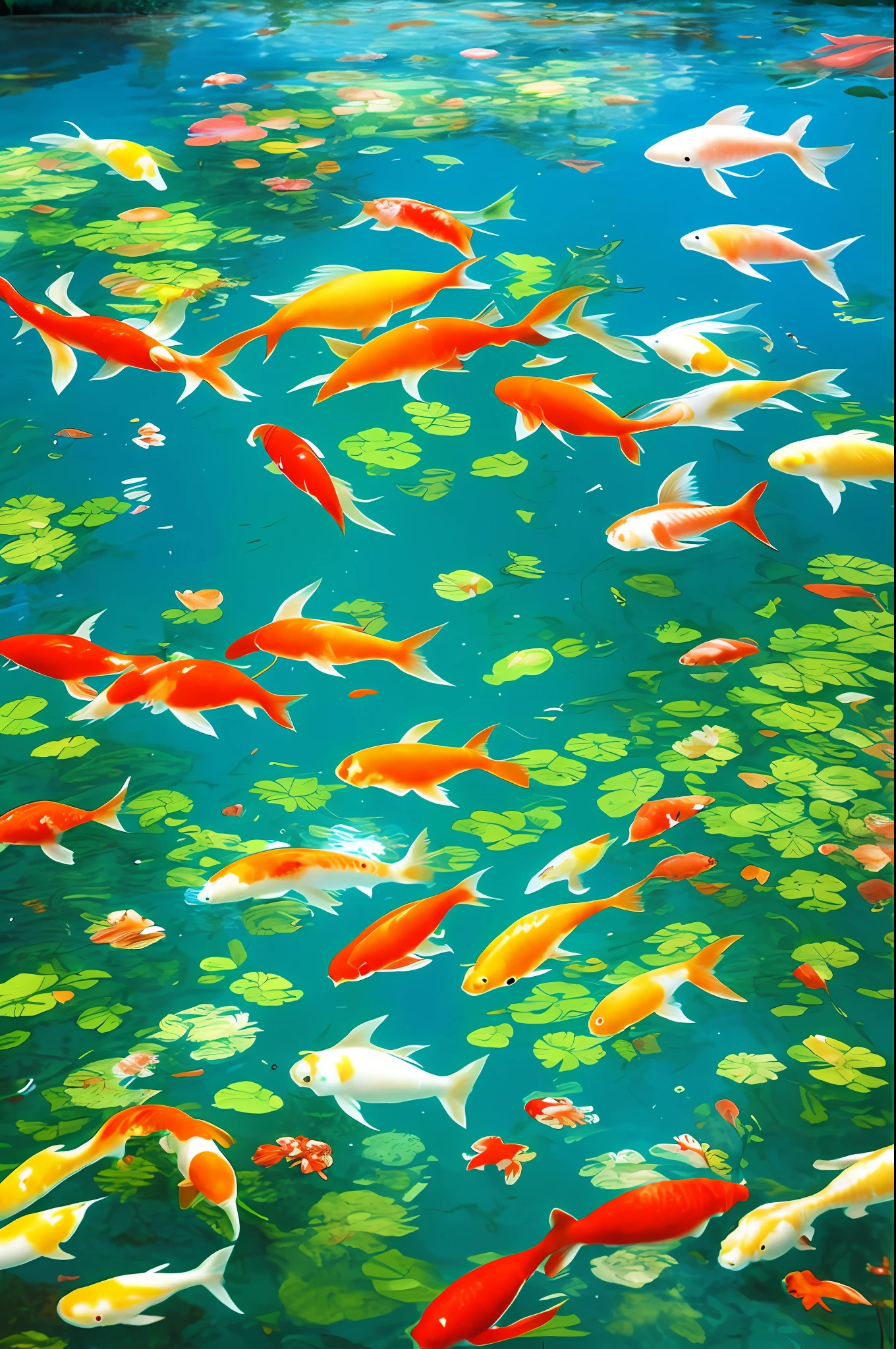 There are fish swimming in a pond of water, fish swimming, see fishes swimming, surreal waiizi flowers, fish swimming around, Colorful fish, Floating carp, Koi Pond, fish swimming, Fish floating in the bedroom, under water scenery, flowers sea everywhere, in pond, reflective water koi pond, koi colors, Monet style, Koi