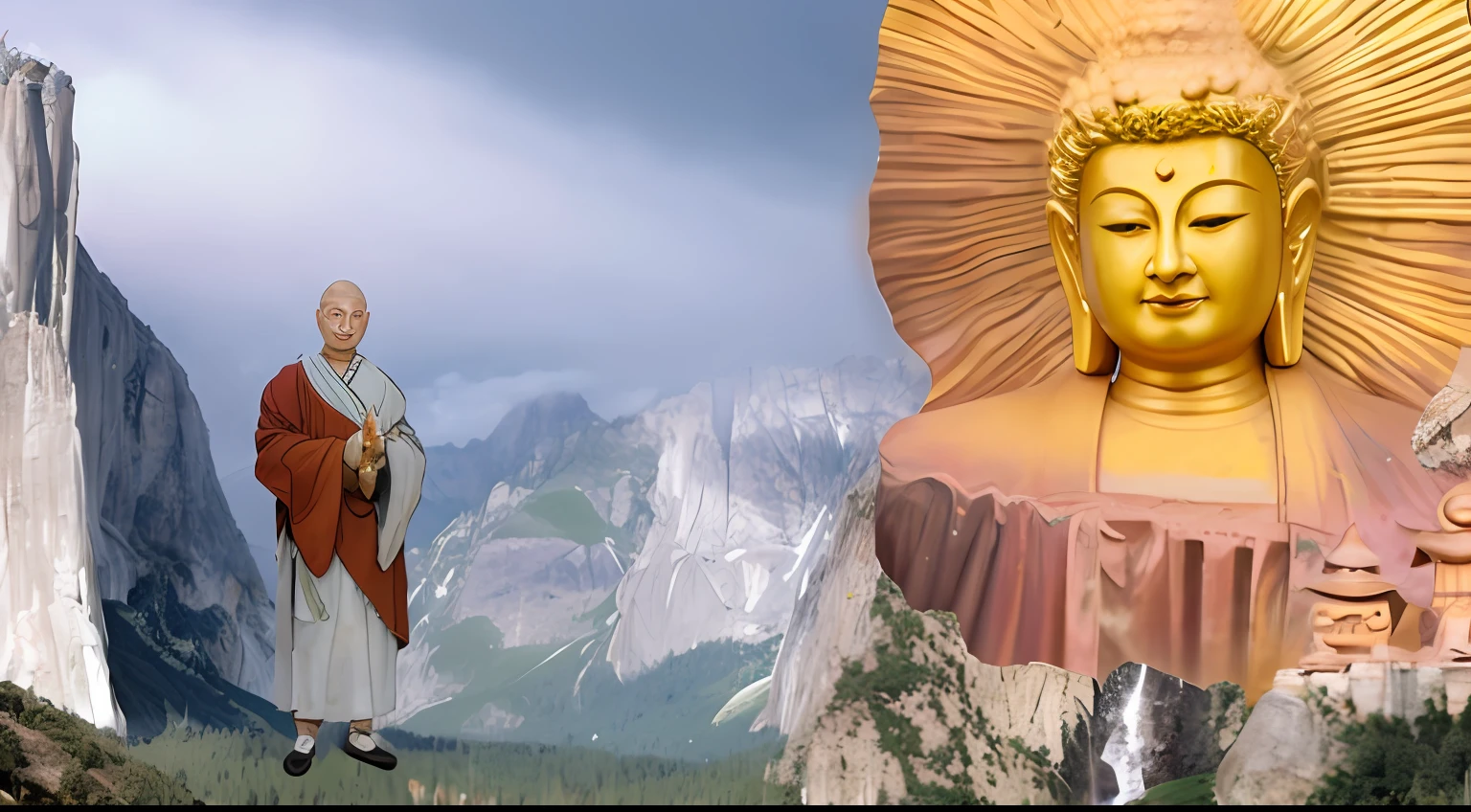In front of the mountain stands a statue of a man, Buddhism, Inspired by Yang Buzhi, Buddhist, inspired by Kaigetsudō Anchi, inspired by Shūbun Tenshō, a Buddhist Buddha, inspired by Saneatsu Mushanokōji, inspired by Sesshū Tōyō