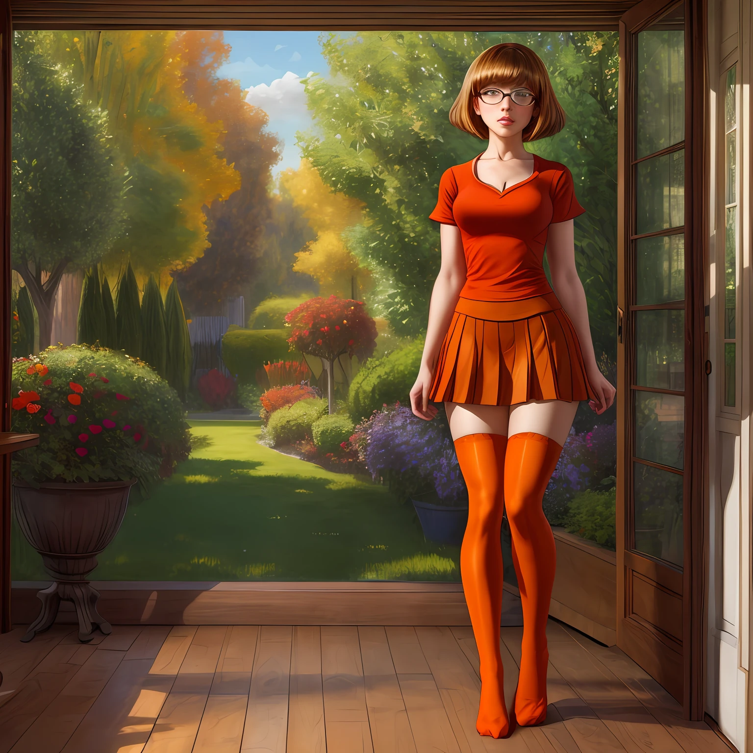 Full body view, feet in view, Velma Dinkley, solo, stripper, brown hair, dark blue eyes, detailed face, orange shirt, short red skirt, orange thigh high socks, no shoes
([Julianne Hough|Megan Fox|Christina Hendricks]:0.8), (puffy lips :0.9),
masterpiece, professional, high quality, beautiful, amazing, gothic, Getty Images, miko, giant,
photoshoot, 4k, realistic, detailed background, abhorrent, real life, by Walter Beach Humphrey, by Pierre Bonnard,