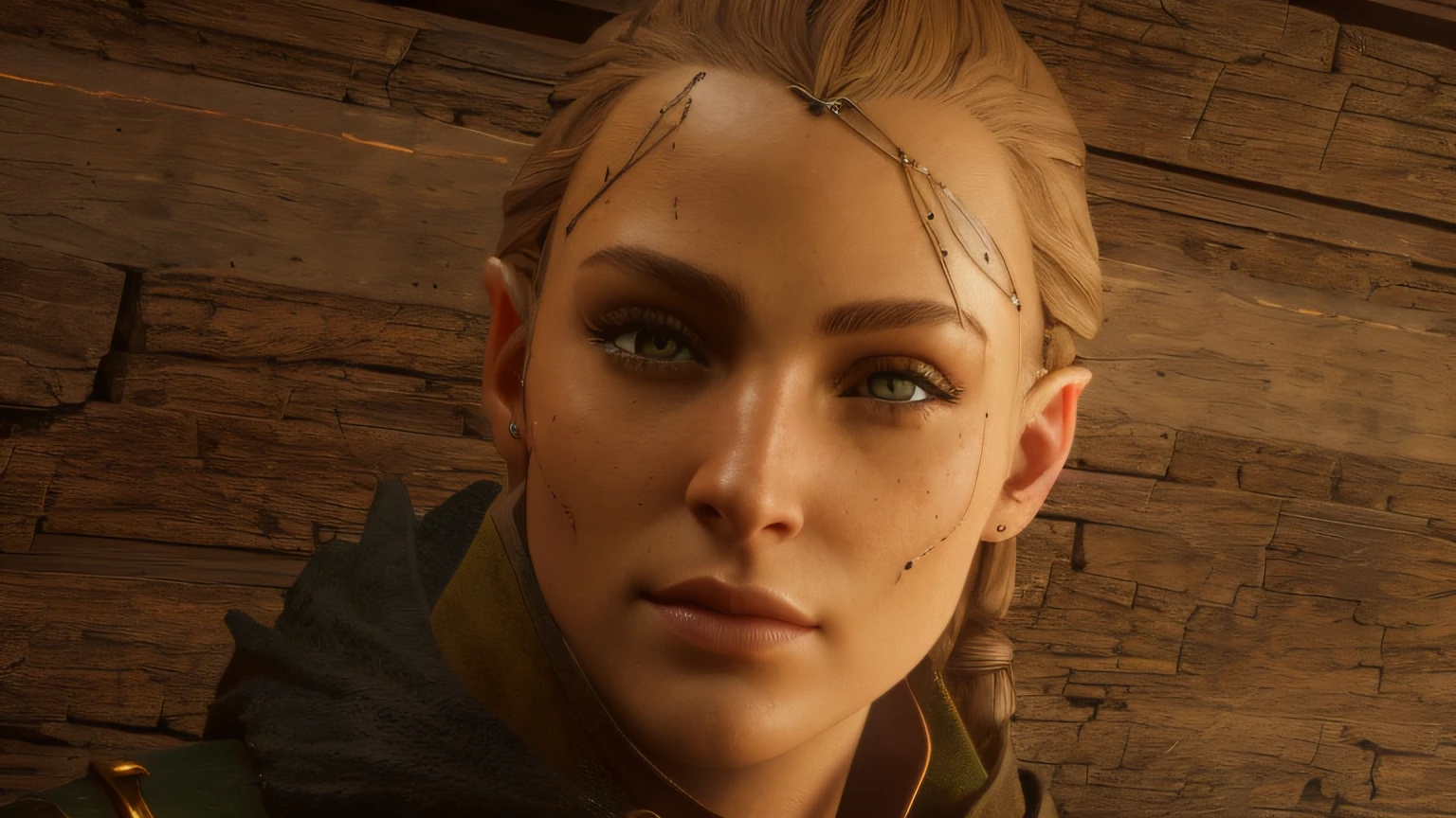 arafed woman with a cross on her forehead and a green jacket, unreal engine 5 4 k uhd image, realistic face moody lighting, unreal engine 5 detail, 8k highly detailed face, cinematic realistic portrait, unreal engine 5 quality render, 8k portrait render, photorealism 8k, ps 4 in - game cinematic, small character. unreal engine 5, elven character with smirk, character close-up, cinematic close-up bust shot, female lead character, 8k portrait render, close up character, ultra detailed portrait, ultra detailed content : face