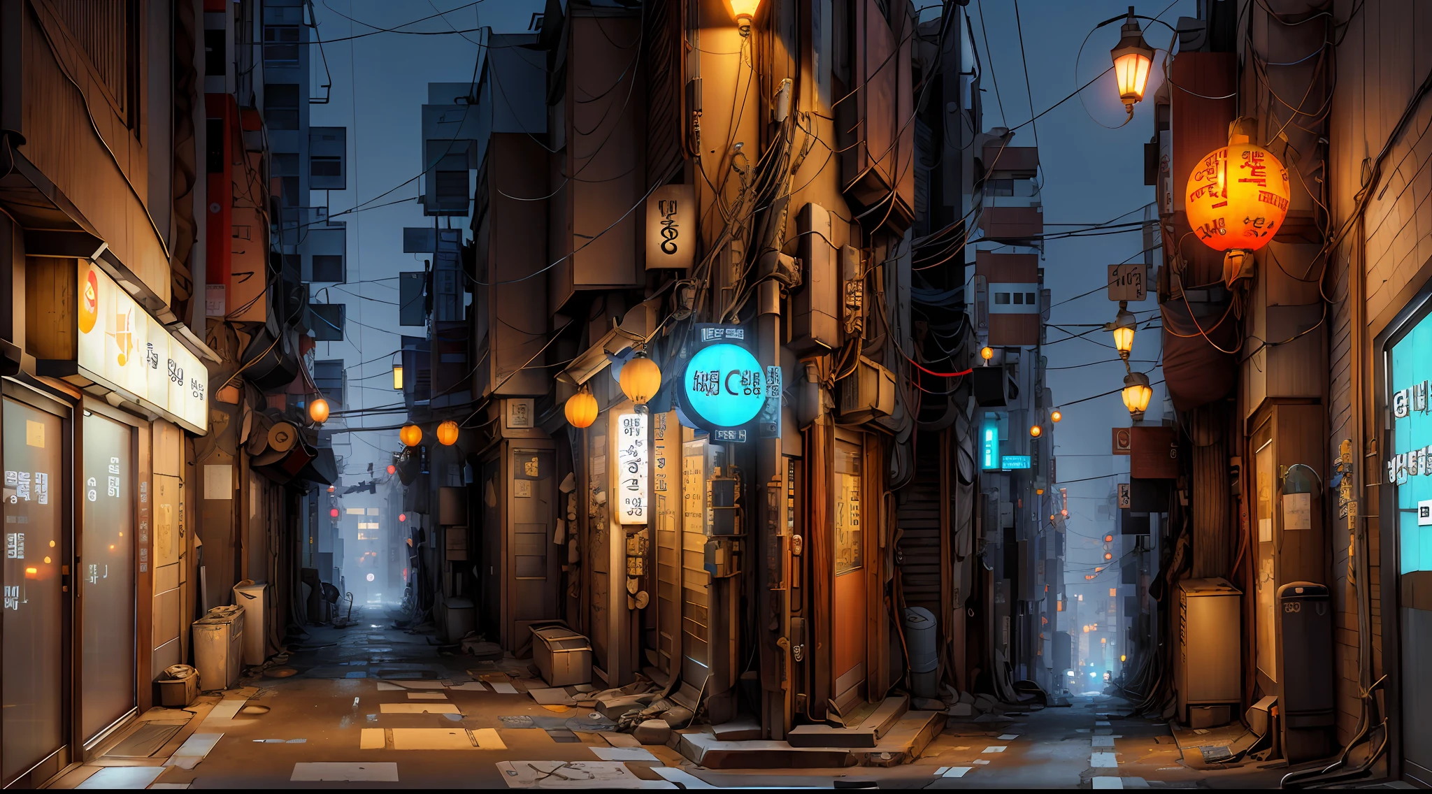 lonely narrow ally in Seoul, cyberpunk city from sci-fi movie, empty street, night, Korean, Korean signs, old shops, cozy, circuit boards, wires, intricate, hyper-detailed, realistic, ultra-realistic, high quality, best, ultra detail, crazy detail, extremely detailed, photo realism, 8k