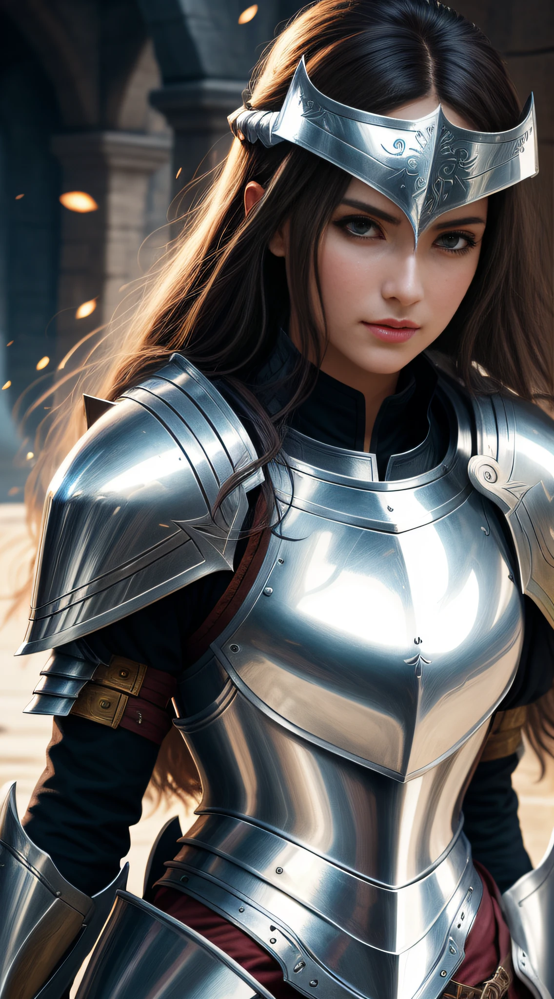 a woman in a suit of armor,With a sword and a sword in his hand, beautiful female knight, of a beautiful female knight, beautiful female warrior, gorgeous female paladin, a beautiful woman warrior, Armor Girl, fantasy paladin woman, Fantasy Woman, Beautiful armor, girl in knight armor, Art germ. High detail, a fantasy warrior, Epic fantasy art style HD