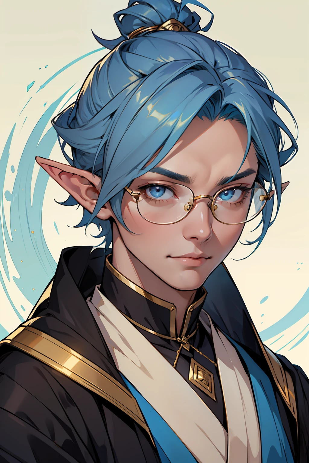 high qulity，Best quality at best，Refined face，(Nice face)，Regal Shota，androgyne，Blue-skinned elves，With gold wire-framed glasses，The facial features are finely detailed，The face is delicate，of the highest quality，Masterpiece。