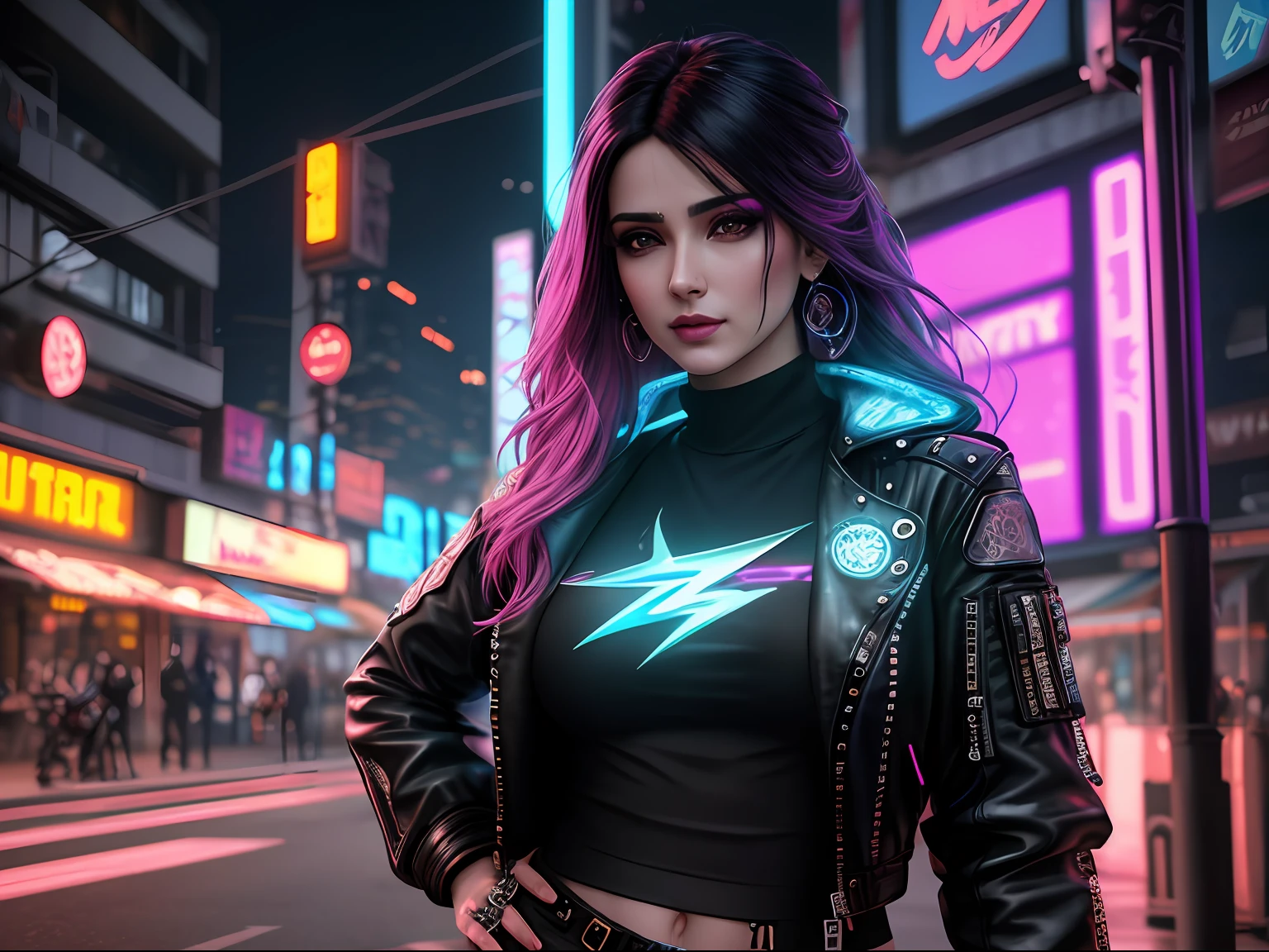 an ultra realistic portrait of a very beautiful indian woman posing for a photo in a leather jacket and colourful pants on a street, extremely detailed facial features, hero pose colorful city lighting, seductive cyberpunk dark fantasy, model girl, in cyberpunk style, cyberpunk beautiful girl, beautiful cyberpunk woman model, realistic Barbie doll , realistic anime style, cyberpunk outfit, female cyberpunk anime girl, urban fantasy style,cinematic, Hyper-detailed, insane details, Beautifully color graded, Unreal Engine, DOF, Super-Resolution, Megapixel, Cinematic Lightning, Anti-Aliasing, FKAA, TXAA, RTX, SSAO, Post Processing, Post Production, Tone Mapping, CGI, VFX, SFX, Insanely detailed and intricate, Hyper maximalist, Hyper realistic, Volumetric, Photorealistic, ultra photoreal, ultra-detailed, intricate details, 8K, Super detailed, Full color, Volumetric lightning, HDR, Realistic, Unreal Engine, 16K, Sharp focus, cgsociety 9, fractal isometrics details bioluminescens : a stunning realistic photograph 28 years