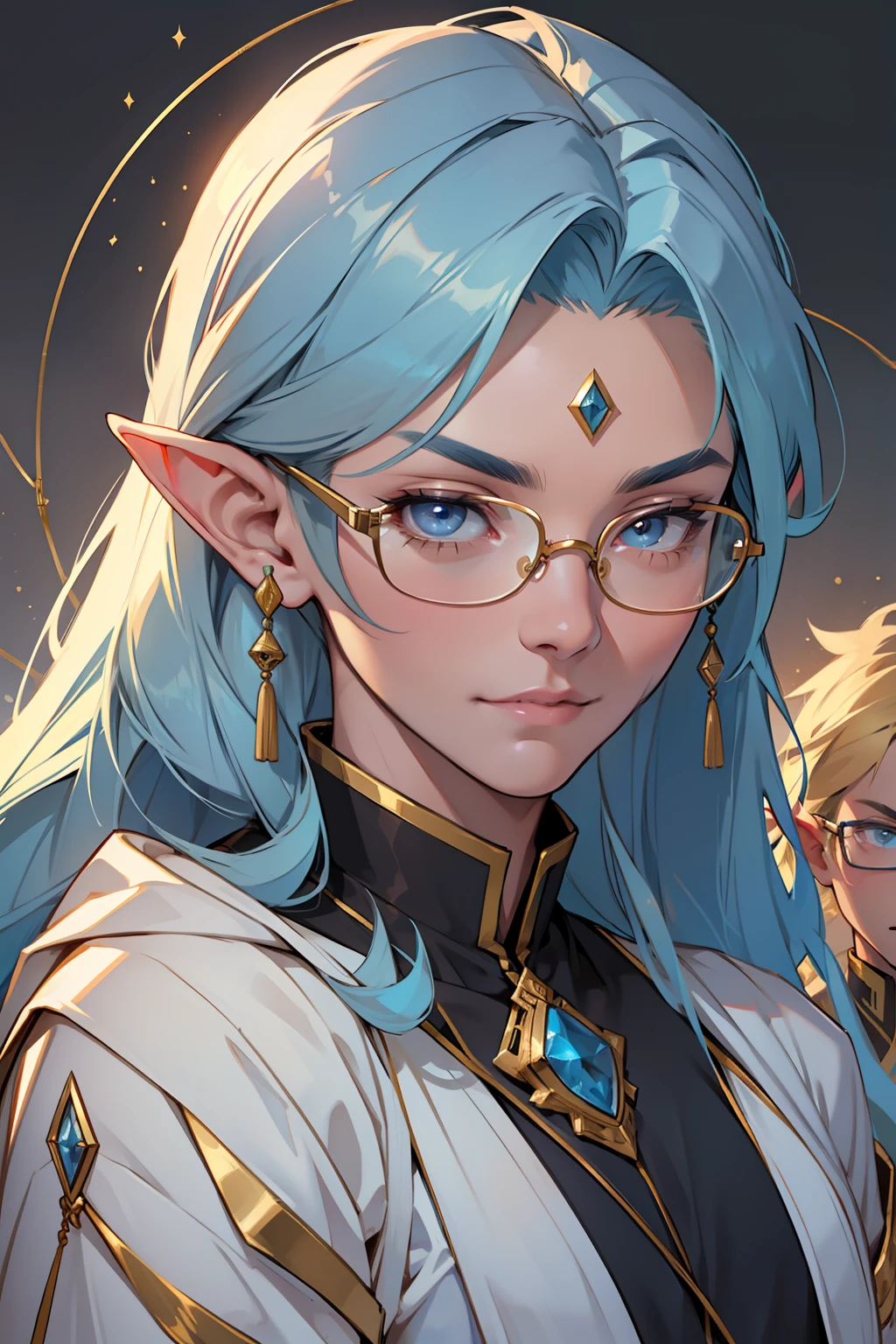 high qulity，Best quality at best，Refined face，(Nice face)，Regal Shota，androgyne，Blue-skinned elves，With gold wire-framed glasses，The facial features are finely detailed，The face is delicate，of the highest quality，Masterpiece。