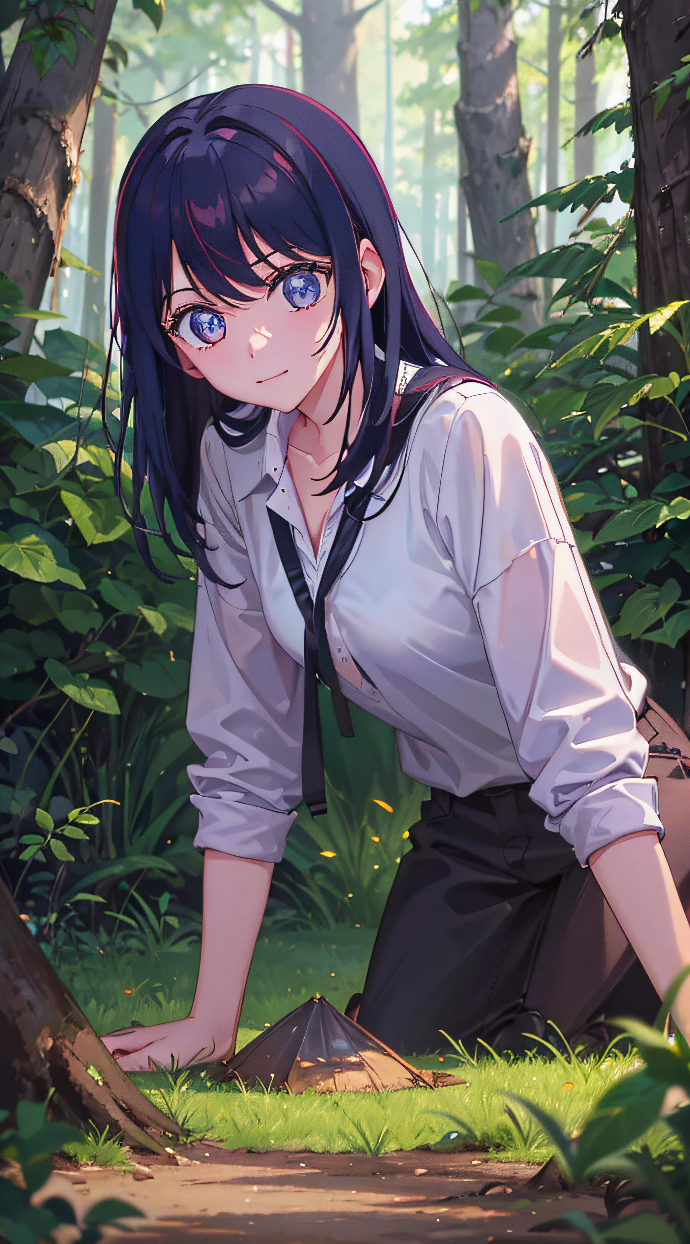 random girl camping in forest, upper body