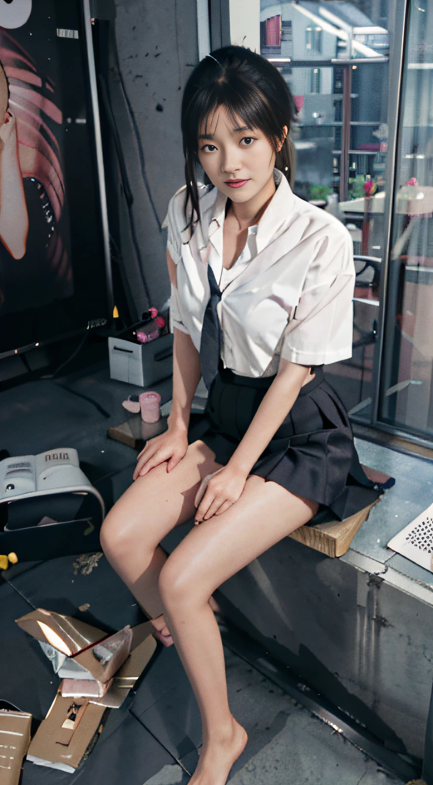 High quality, best quality, masterpiece, 8K, ultra-real, ridiculous, vibrator in panties, 1 girl, office, blonde, business suit, pen holder skirt, standing with legs extended: 1.1, blush, ponytail, wet panties, sitting, wet floor, (open clothes, expose entire breasts, flirt skirt: 1.1),