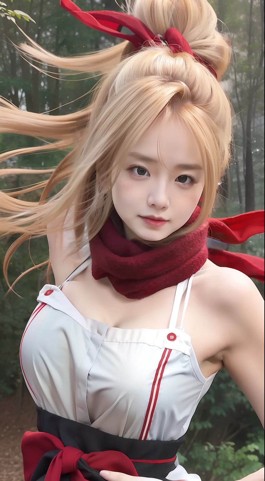Ino yamanaka. A woman standing in the woods. He's wearing putin colors with red stripes. His skin is so white. His long, creamy hair was bound together. With bangs on the right. Her cheeks were rosy. And her lips are tantalizing red. She also wore a red scarf around her neck. He looked intently at the camera. She looks so beautiful and realistic