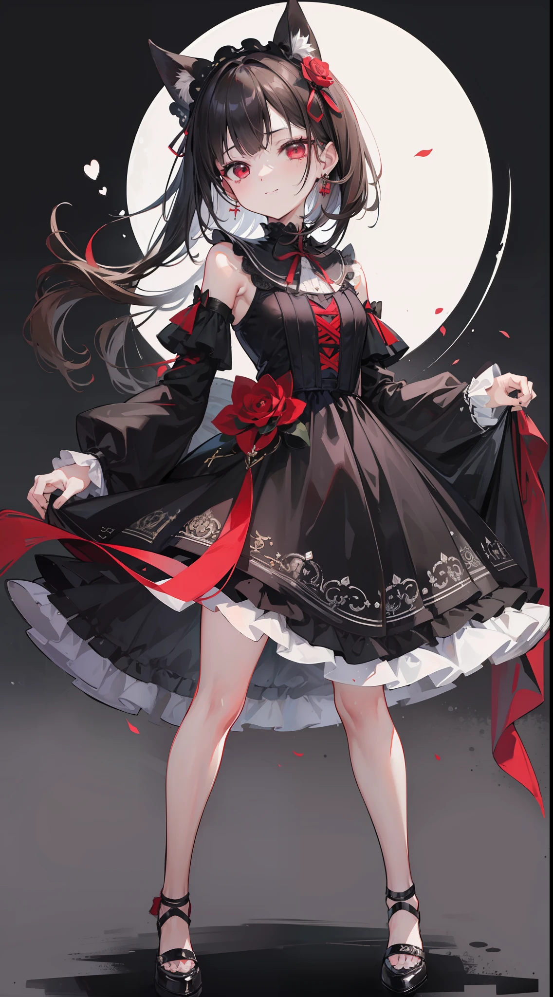 (top-quality、8K、masterpiece:1.3) one girls、an eye patch、Highly detailed facial and skin texture、full bodyesbian、very delicate red eyes、二重まぶた、de pele branca、length hair、(with round face:1.5)、A dark-haired、Black Goth Lolita Dress、Hair Ribbon、Smiling、front facing、Full body image from head to toe