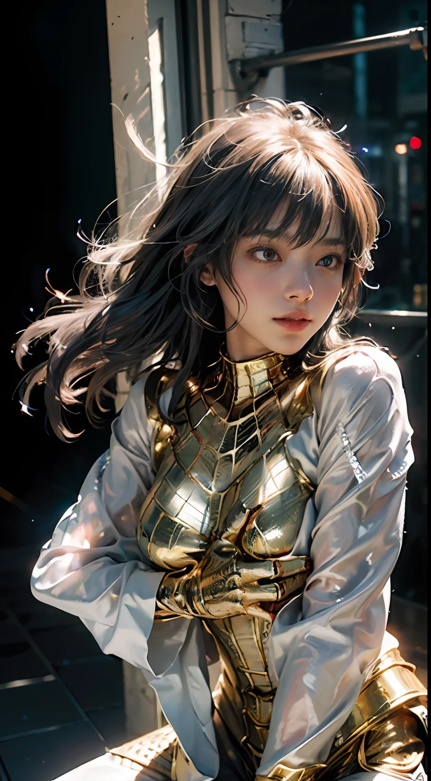 (Extreme Detail CG Unity 8K wallpaper、​masterpiece、top-quality)、(exquisite lighting and shadow、highly dramatic picture、cinematic lens effects)、Cute girl in gold and white Spider-Man costume、Silver-gray hair color、Spider-Man Parallel Universes、Wenger、Marvel、spider-man、Dynamic and dynamic poses)、(excellent details、Outstanding lighting、wide angles)、(Excellent rendering、Enough to stand out in its class)、 Gold and white Spider-Man costume、Focus on complex spider textures