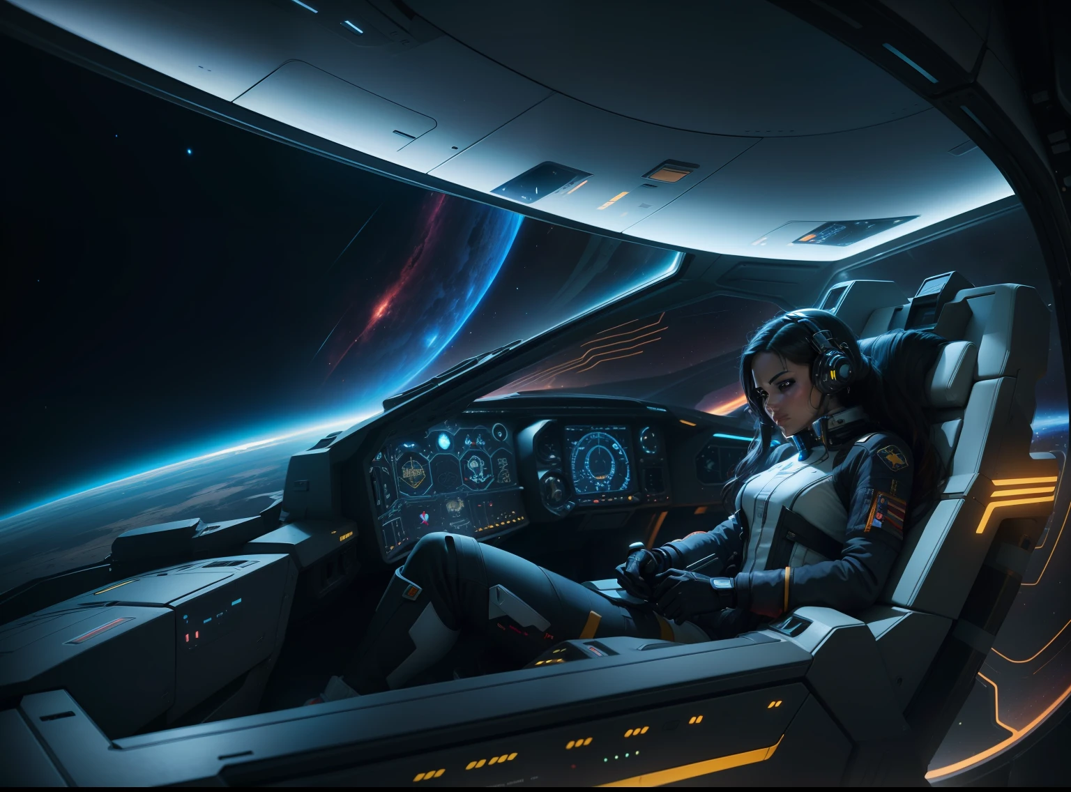 A exterior into interior cockpit, long shot of a vibrant cinematic photo of a beautiful vibrant female space adventurer seated in the captain's chair in deep space super sleek futuristic spaceship design of the future look at the intrepid commander of space adventurer in her planetary pursuit , octane render, high quality star sailor woman hyperdetailed space transport, dark forbidding planet system 24k photorealistic