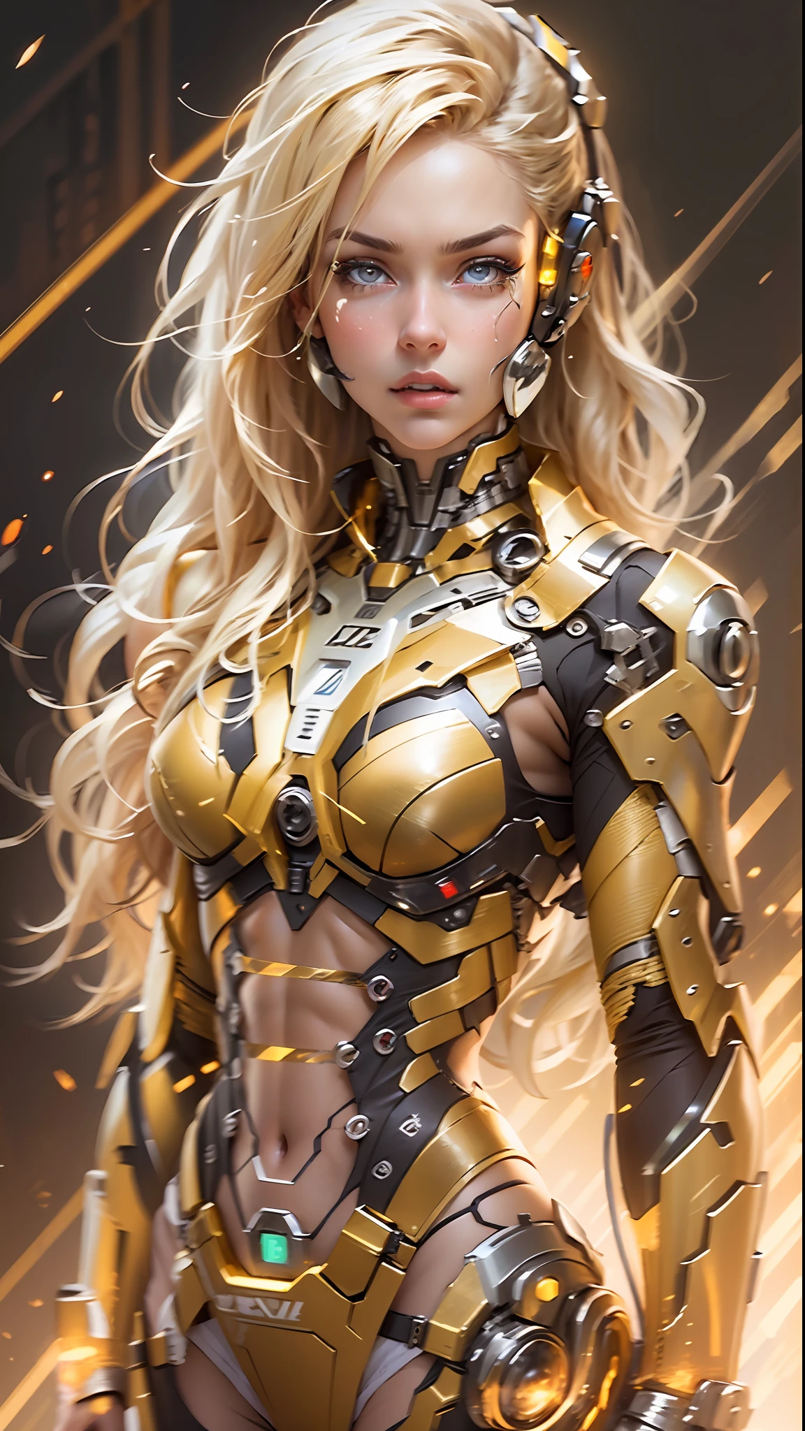 Beautiful cybernetic blonde girl looking at the camera in the underwear detailed muscles realistic masterpiece, Pose ativa, action pose, luz LED |, Gold Parts, franja, cabelo curto, vista traseira, Costas