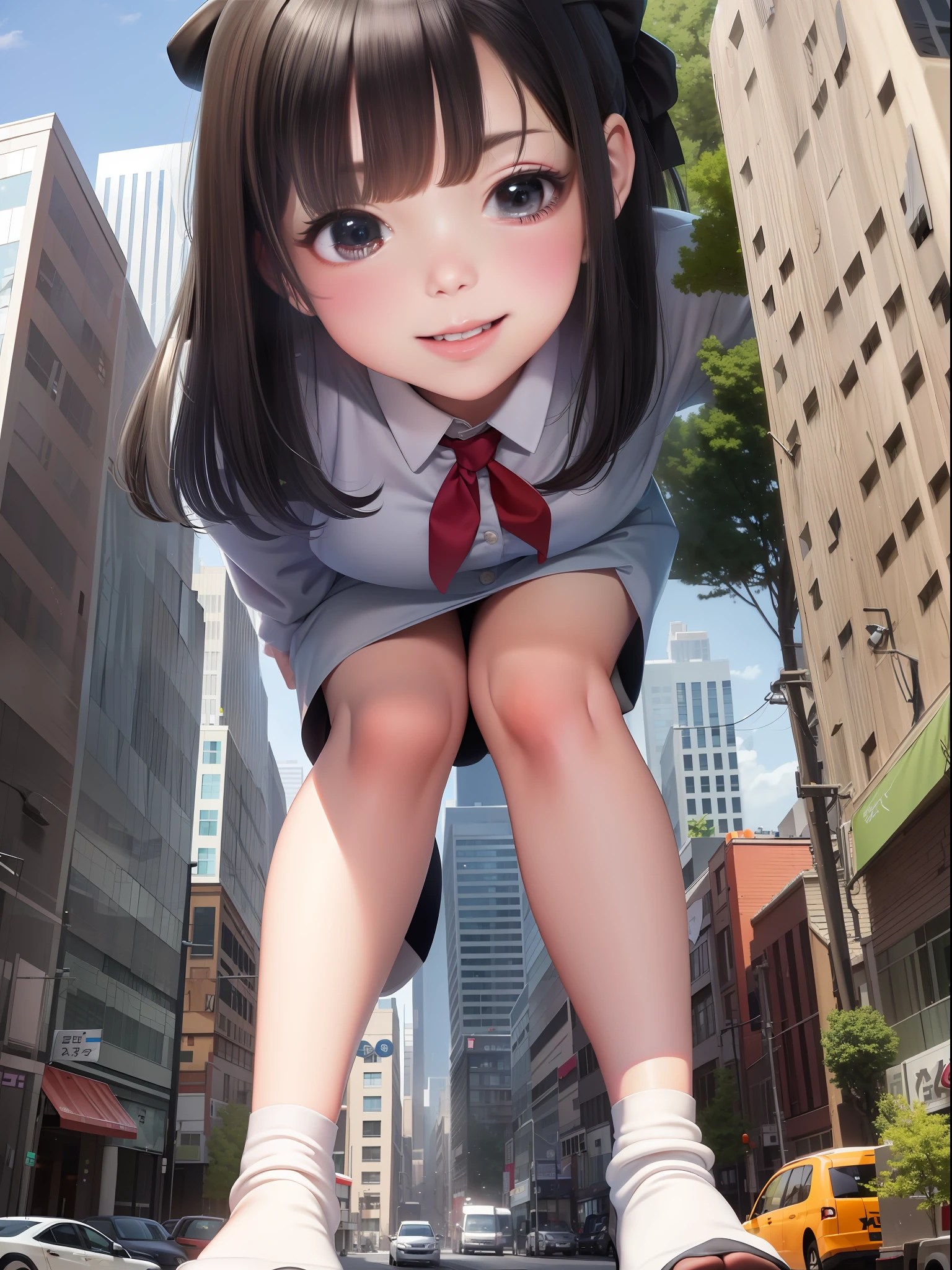 A giantess，Loli body type，adolable，elementary student，destroying city，Wear white socks，Wear a school uniform，Dumb cute，No shoes