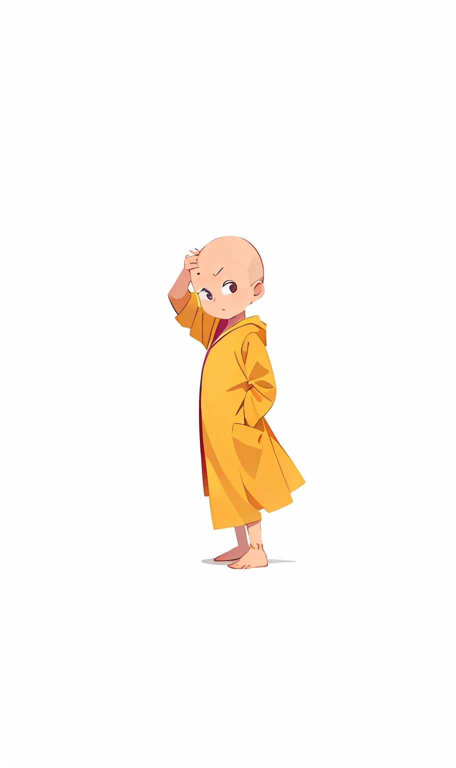 A small bald monk,One arm lifted up and touched his head,The other arm is placed behind the body,children's,Wearing a yellow robe and a robe coat,longer sleeves,Coat monk,Side towards the camera,Cartoon Q version