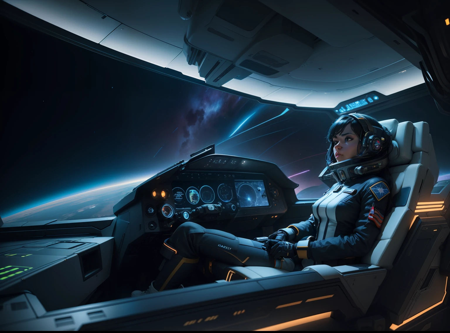 A exterior into interior cockpit, long shot of a vibrant cinematic photo of a beautiful vibrant female space adventurer seated in the captain's chair in deep space super sleek futuristic spaceship design of the future look at the intrepid commander of space adventurer in her planetary pursuit , octane render, high quality star sailor woman hyperdetailed space transport, dark forbidding planet system 24k photorealistic