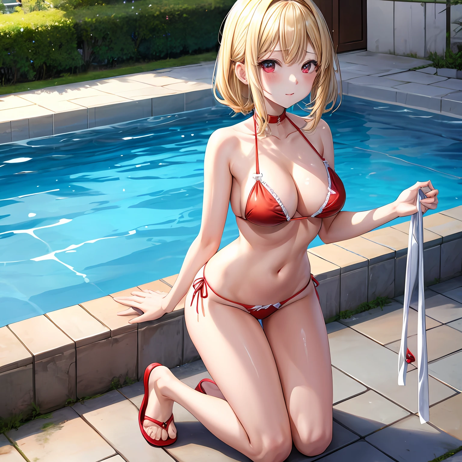 blonde hair、red eyes、One pretty girl、独奏、animesque、The bikini、Kneeling、A sexy、gravure、swimming pools