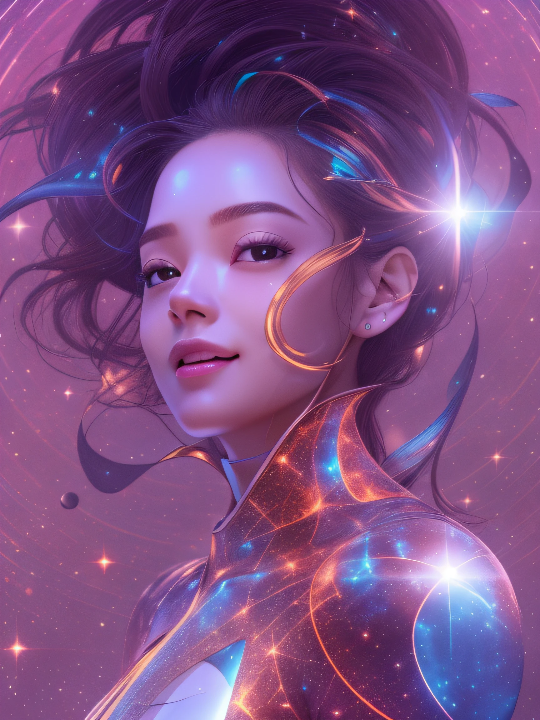 1girl in, A futuristic, Hyper-Realism, Verism,(Masterpiece Portrait Beautiful Girl Galaxy Goddess)、(gleaming skin)、Unevenness of the skin、nffsw、smil、shiny floating weightless hair、Clean face、A detailed face、(FULL BODYSHOT:1.8)、perfectly proportions、Quite winding、smil、radiant eyes、hovering、Grab the universe、etheric、hallucination、powerful legs、creation、top-quality、2050、8K、nffsw、lut、Accretion disc、nebulas、supernova、Blue World、