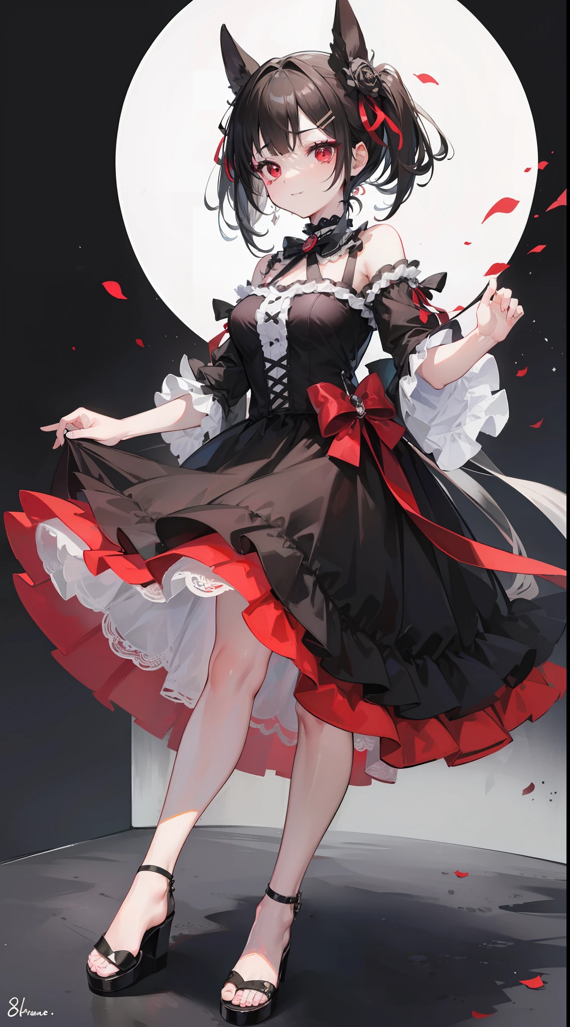(top-quality、8K、masterpiece:1.3) one girls、an eye patch、Highly detailed facial and skin texture、full bodyesbian、very delicate red eyes、二重まぶた、de pele branca、length hair、(with round face:1.5)、A dark-haired、Black Goth Lolita Dress、Hair Ribbon、Smiling、front facing、Full body image from head to toe