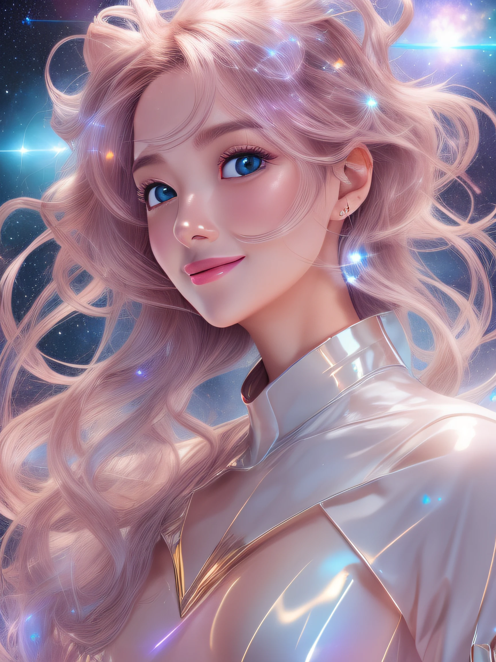 1girl in, A futuristic, Hyper-Realism, Verism,(Masterpiece Portrait Beautiful Girl Galaxy Goddess)、(gleaming skin)、Unevenness of the skin、nffsw、smil、shiny floating weightless hair、Clean face、A detailed face、(FULL BODYSHOT:1.8)、perfectly proportions、Quite winding、smil、radiant eyes、hovering、Grab the universe、etheric、hallucination、powerful legs、creation、top-quality、2050、8K、nffsw、lut、Accretion disc、nebulas、supernova、Blue World、