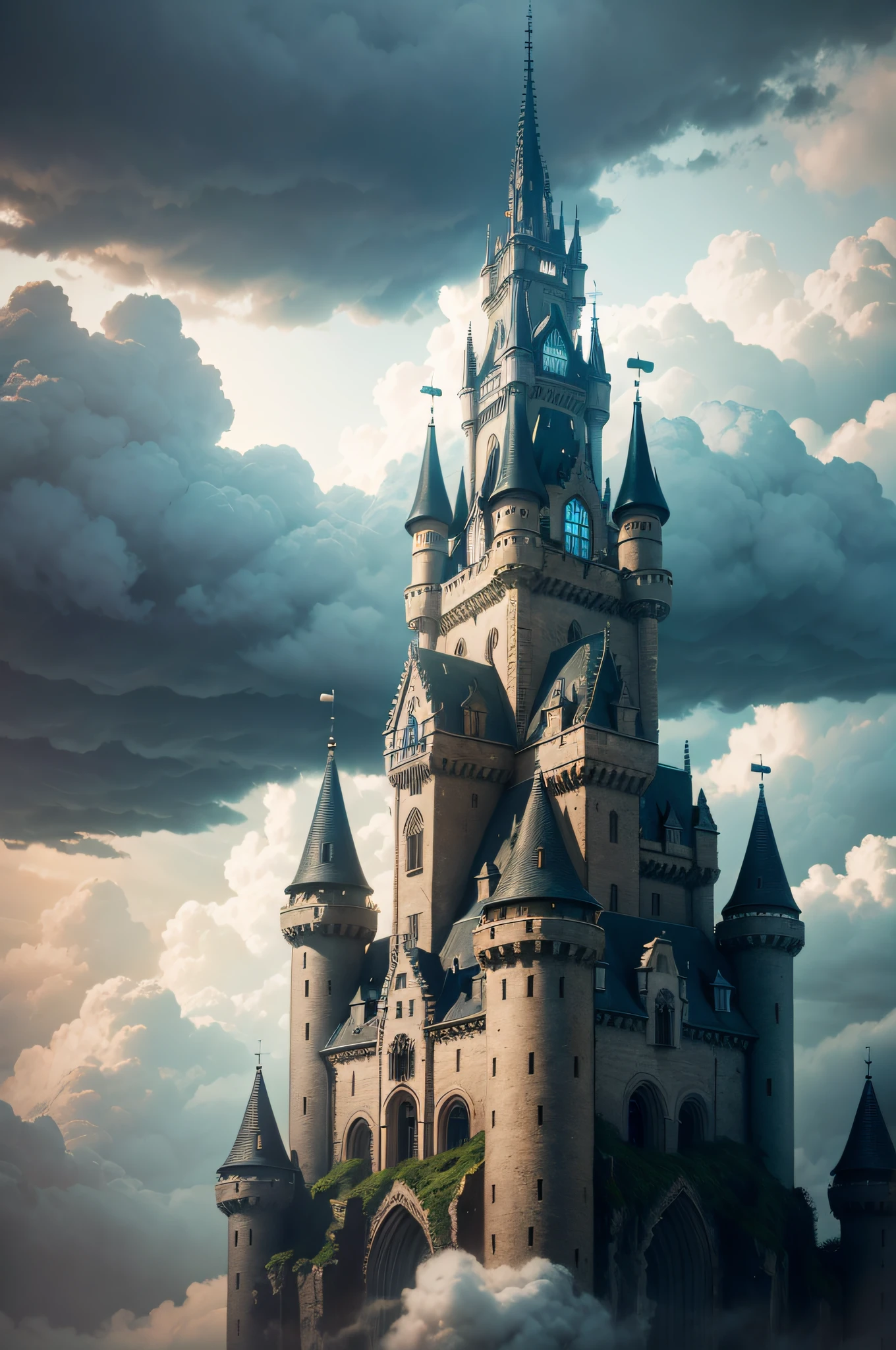 Macro shot, hyper realistic photograph, 1Castle in the sky, surrounded by clouds, HD, Hyper realistic, ghostly, 64k, Ridley Scott, rain, lights, cyberpunk