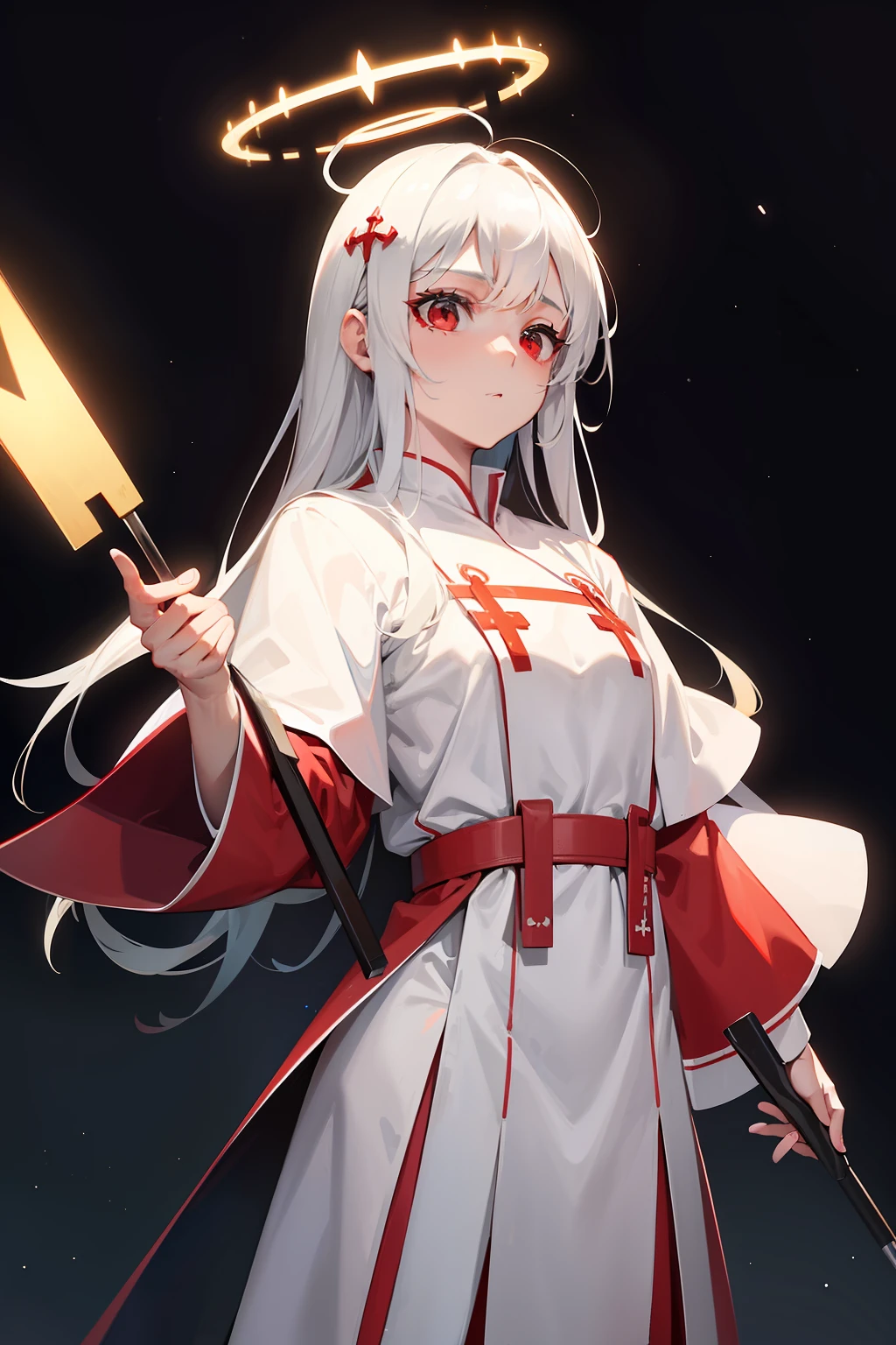 1 beautiful spatula priest, red and white priest robe, hight detailed, ray tracing, space background, perfect, ultra high detailed, highly detailed face, saint halo