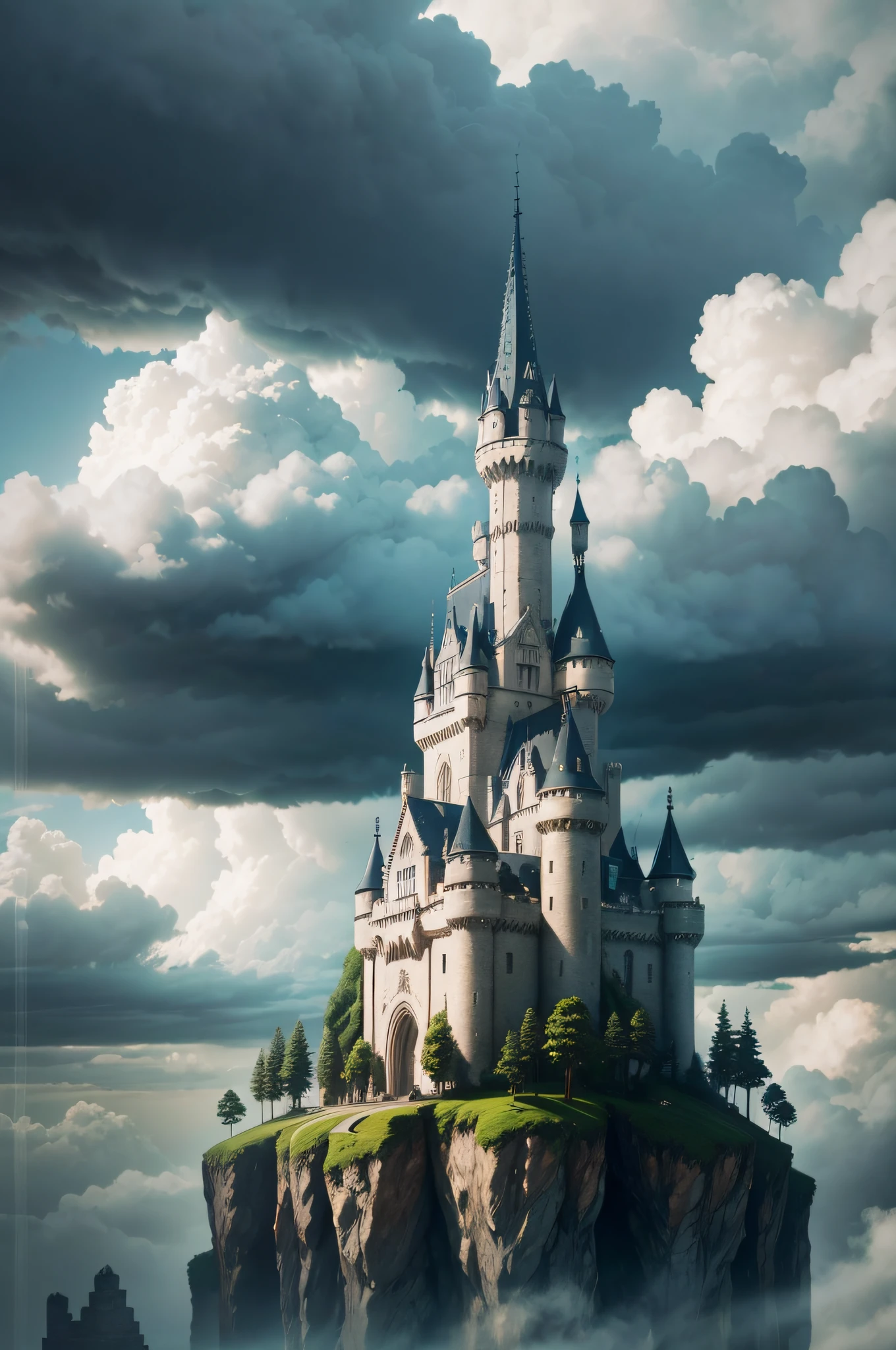 Macro shot, hyper realistic photograph, 1Castle in the sky, surrounded by clouds, HD, Hyper realistic, ghostly, 64k, Ridley Scott, rain, lights, cyberpunk