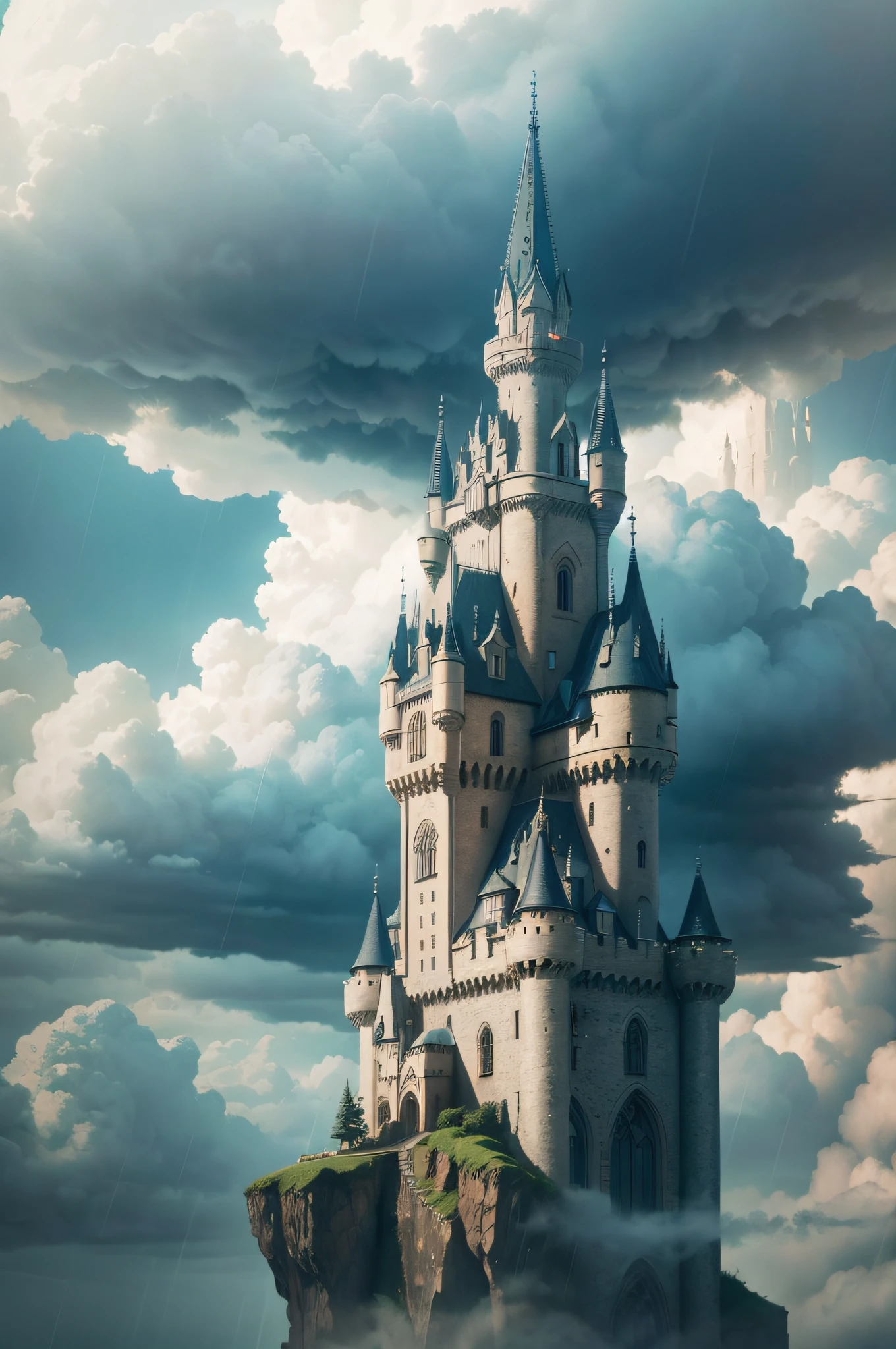 Macro shot, hyper realistic photograph, 1Castle in the sky, surrounded by clouds, HD, Hyper realistic, ghostly, 64k, Ridley Scott, rain, lights, cyberpunk