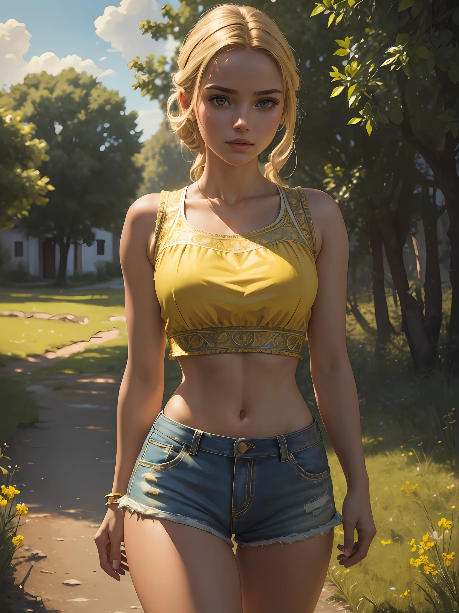 (masterpiece), (best quality), ((ultra-detailed)), (hyperrealistic), (highly detailed photo), cinematic lighting, photorealistic, extremely beautiful young lady in European countryside, intricate detailed crop top and shorts, shining, gloss, crisp, flirty, epic, focus, artistic, very bright, yellow