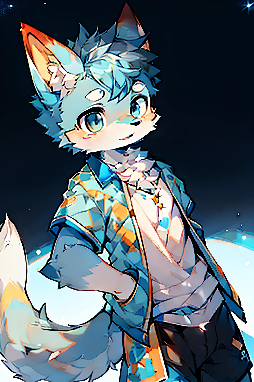 background starry sky,,adolable,Playful,The theme color is starry blue,It has a star-like pattern on its body,Fox species