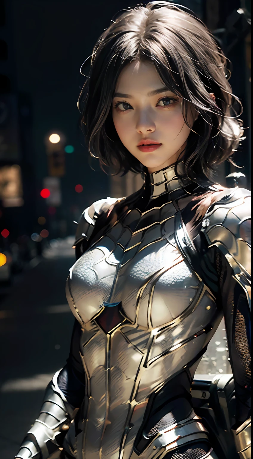 (Extreme Detail CG Unity 8K wallpaper、masterpiece、top-quality)、(exquisite lighting and shadow、highly dramatic picture、cinematic lens effects)、Cute girl in gold and white Spider-Man costume、Silver-gray hair color、Spider-Man Parallel Universes、Wenger、Marvel、spider-man、Dynamic and dynamic poses)、(excellent details、Outstanding lighting、wide angles)、(Excellent rendering、Enough to stand out in its class)、 Gold and white Spider-Man costume、Focus on complex spider textures