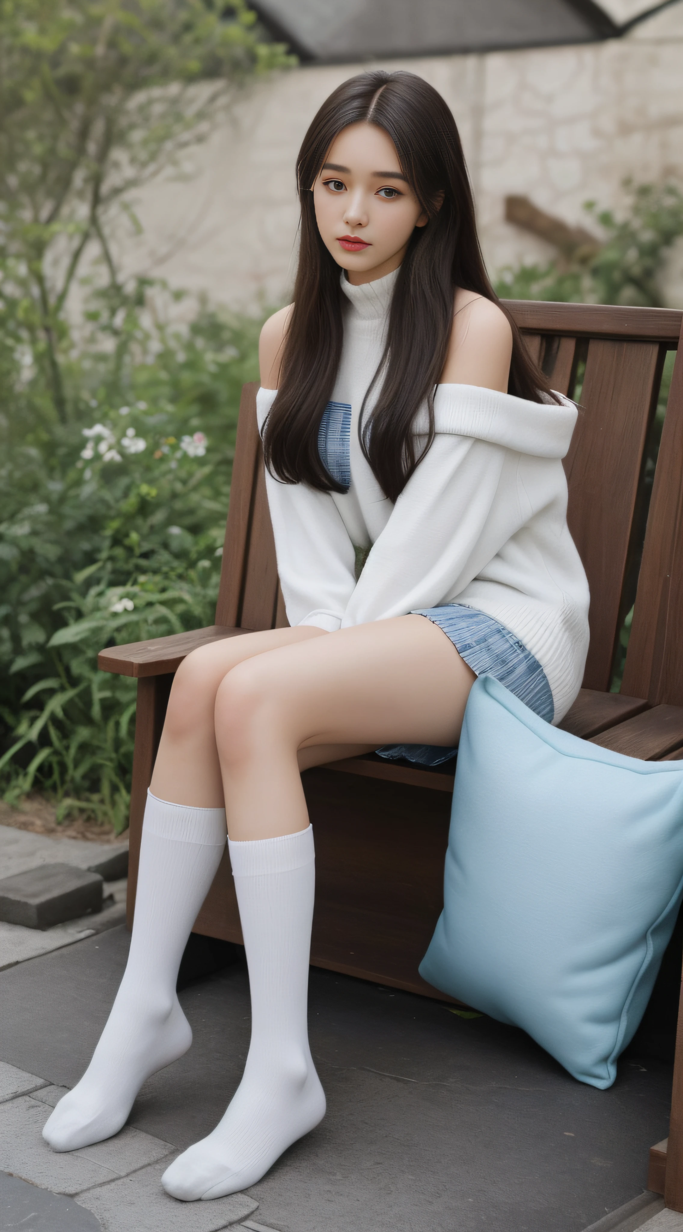 best qualtiy, Full body like,Refined face,pretty face,25 years old woman,slimfigure,Long hair over the shoulder,Side faces,Shy,Smaller bust,Harnes,Calf socks,Warmth,Keep your legs together,Outdoor scene,Throw pillows。