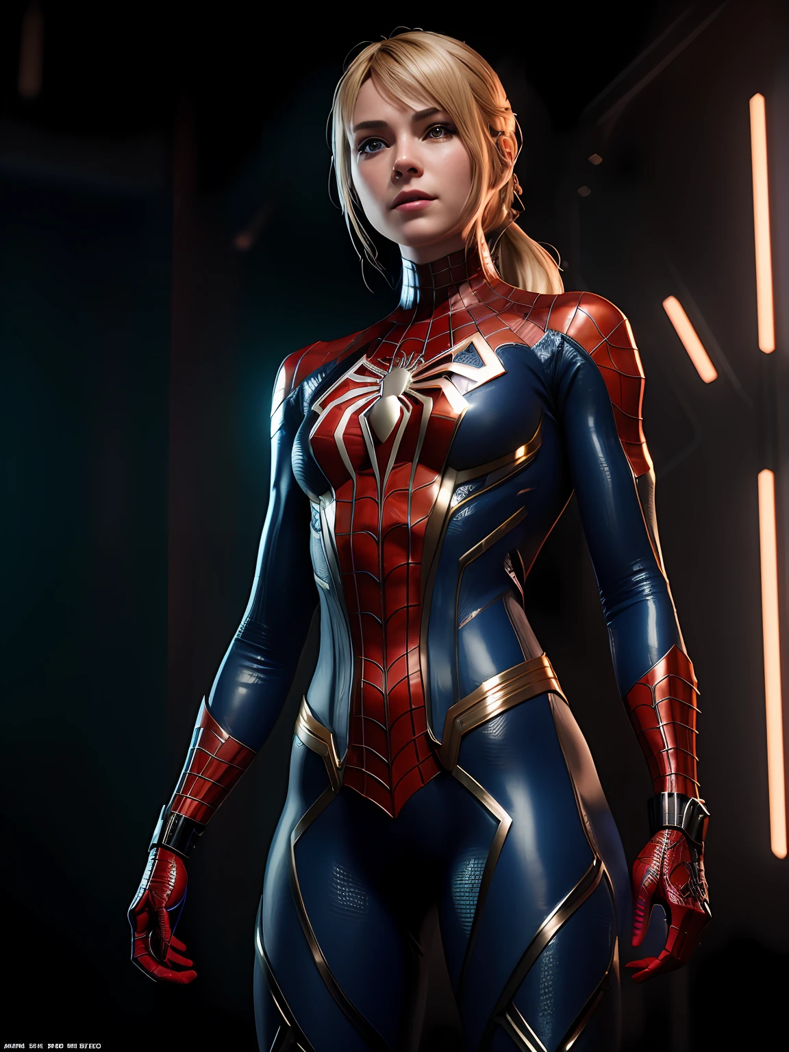 midjourny-v4 style, Professional Photoshot medium a spiderman perfectly played by gwen Stacy with highly detailed intricate cybernetics outfit, highly detailed beautiful face, standing in darkness with black particles surrounded the body, proportional body shape + perfect anatomy, symetrical dynamic pose, volumetric shadow, neon glowing dust particles effect + detailed particles, full hd render + 3d octane render + unreal engine 5 graphic 4k UHD + immense detail + dramatic lighting + well lit + intricate + fine details + octane render + Ray tracing + 8k + sharp focus + high vibran contrast, in the style Marvel style, trending on ArtStation