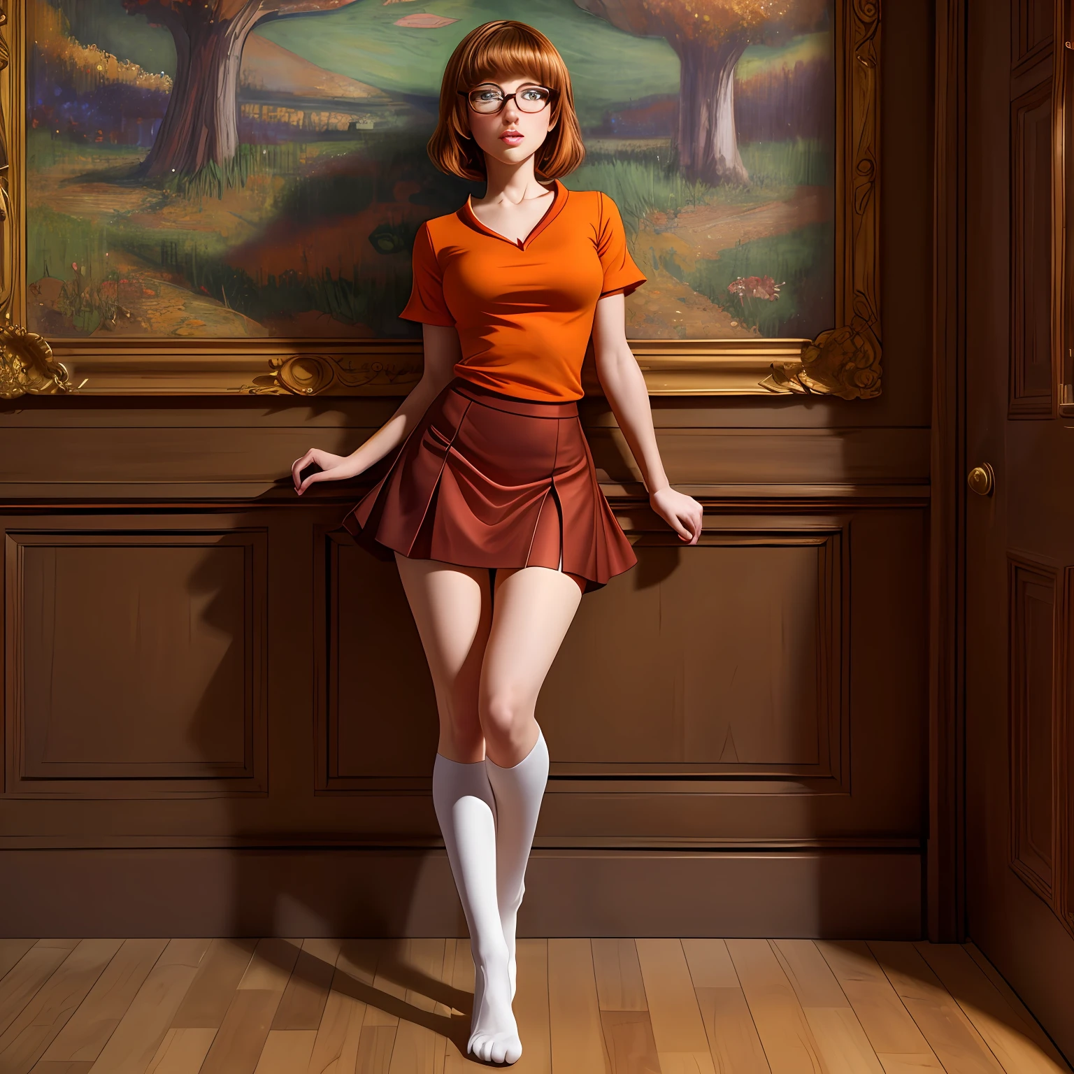 Full body view, feet in view, Velma Dinkley, solo, stripper, brown hair, dark blue eyes, detailed face, orange shirt, short red skirt, orange thigh high socks, no shoes
([Julianne Hough|Megan Fox|Christina Hendricks]:0.8), (puffy lips :0.9),
masterpiece, professional, high quality, beautiful, amazing, gothic, Getty Images, miko, giant,
photoshoot, 4k, realistic, detailed background, abhorrent, real life, by Walter Beach Humphrey, by Pierre Bonnard,