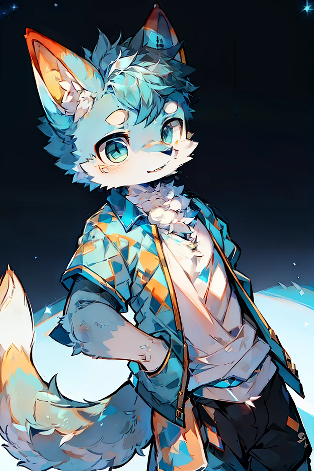 background starry sky，Boy student，adolable，Playful，The theme color is starry blue，It has a star-like pattern on its body，Fox species