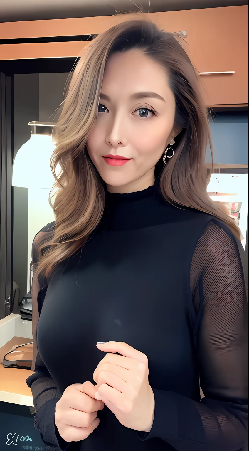 1 girl , sexy, nsfw:0.0, eyeliner, kawaii, student, long hair, brown hair, ((wavy hair)), hair ornament, ((light blush)), ((expressionless eyes)), blue eyes, ((large breasts:1.4)), red lips, makeup, shirtlift, ((black sweater dress)), black kneehighs, high heels, ((semi-rimless eyewear)), jewelry, earrings, necklace, looking at viewer, Depth of field, (detailed face :1.4), (beautiful detailed eyes :1.2), (detailed hair),light on face, cinematic lighting,