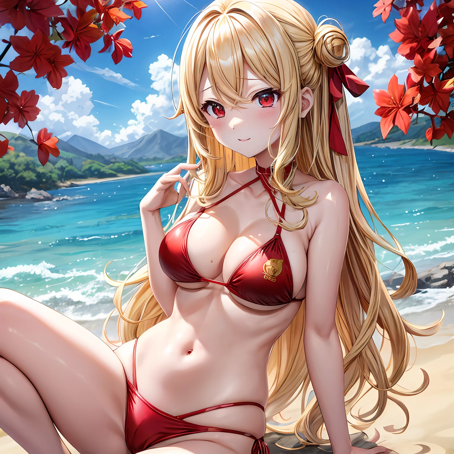 Wavy blonde hair、red eyes、One pretty girl、独奏、animesque、A sexy、The bikini、gravure、a river