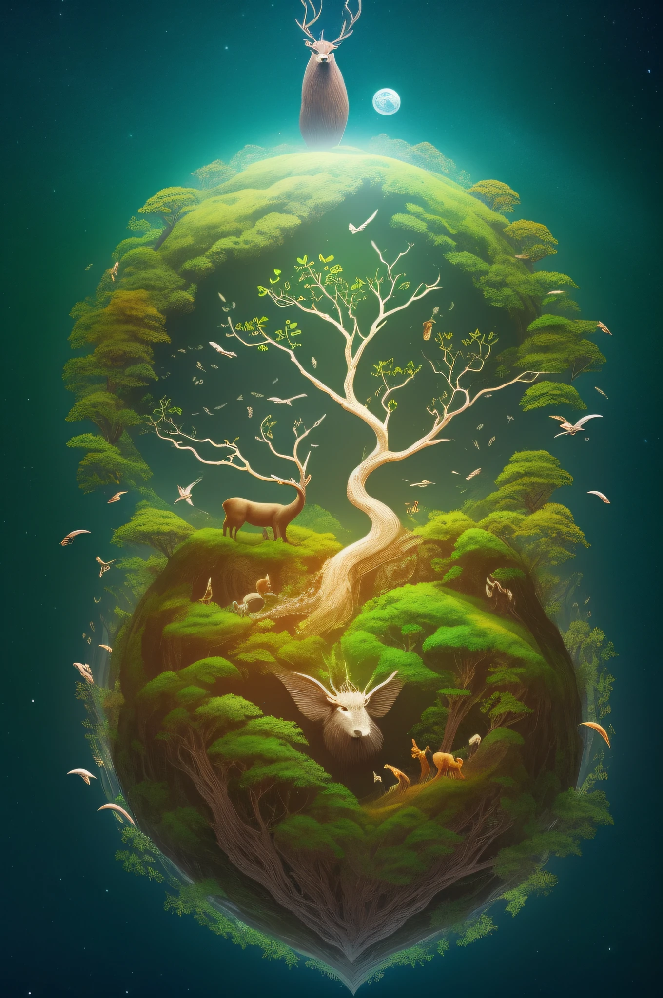 The center of the universe is the center of the earth，This is the heart。，Rooted in arteries，Man lifts up the earth with his hands，Stylized digital illustration of animals living on earth