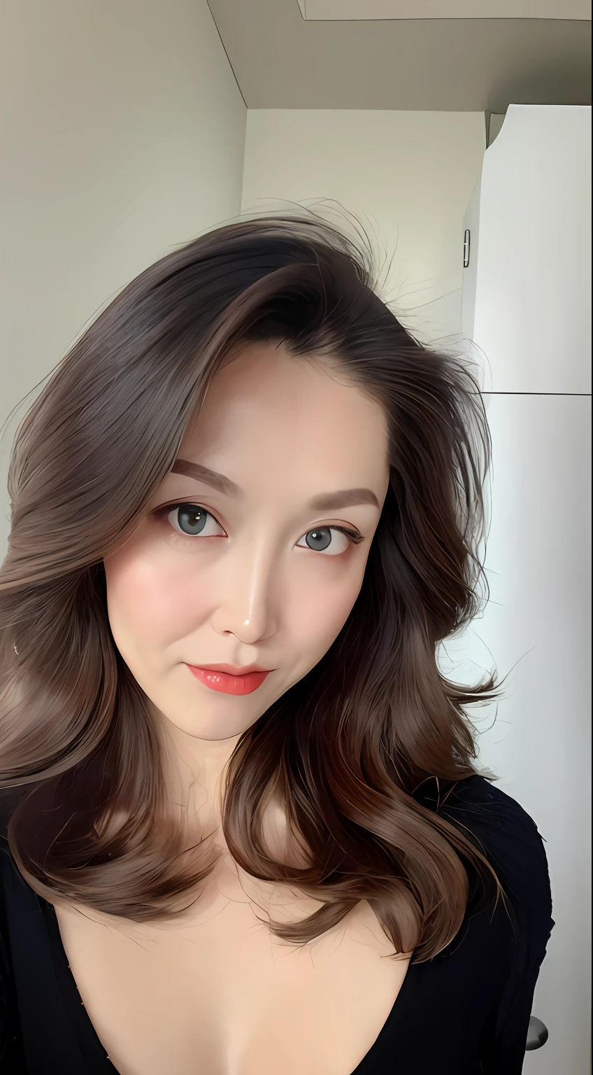 1 girl , sexy, nsfw:0.0, eyeliner, kawaii, student, long hair, brown hair, ((wavy hair)), hair ornament, ((light blush)), ((expressionless eyes)), blue eyes, ((large breasts:1.4)), red lips, makeup, shirtlift, ((black sweater dress)), black kneehighs, high heels, ((semi-rimless eyewear)), jewelry, earrings, necklace, looking at viewer, Depth of field, (detailed face :1.4), (beautiful detailed eyes :1.2), (detailed hair),light on face, cinematic lighting,