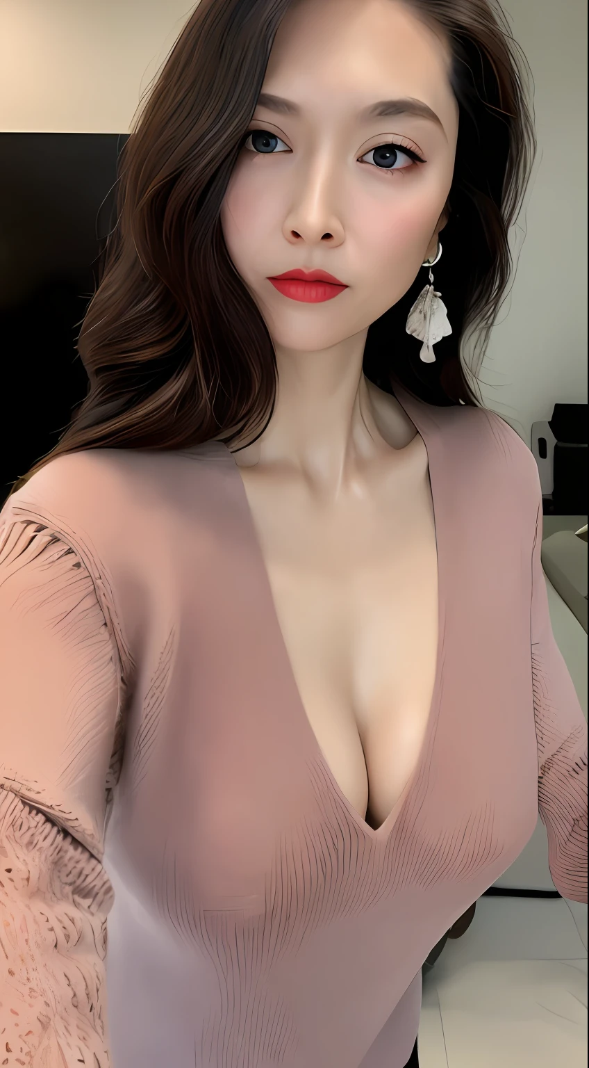 1 girl , sexy, nsfw:0.0, eyeliner, kawaii, student, long hair, brown hair, ((wavy hair)), hair ornament, ((light blush)), ((expressionless eyes)), blue eyes, ((large breasts:1.4)), red lips, makeup, shirtlift, ((black sweater dress)), black kneehighs, high heels, ((semi-rimless eyewear)), jewelry, earrings, necklace, looking at viewer, Depth of field, (detailed face :1.4), (beautiful detailed eyes :1.2), (detailed hair),light on face, cinematic lighting,