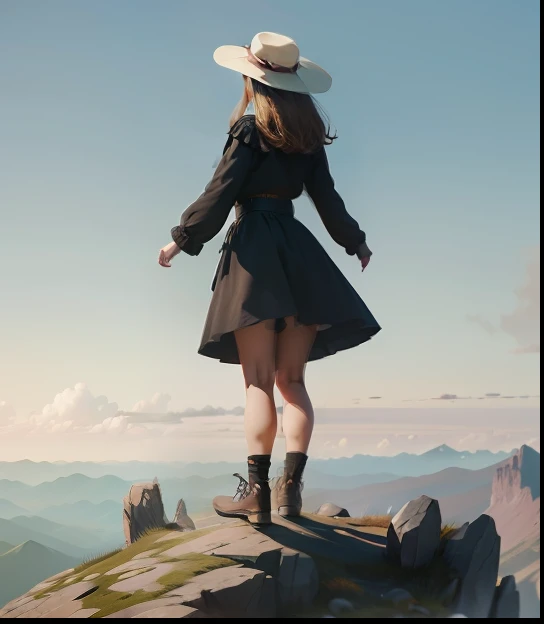 There was a woman standing on a rock,arms out, girl standing on mountain, Girl standing on a cliff, standing on top of a mountain, girl dancing on cliff, standing atop a mountain peak, standing on a hill, At the top of a mountain, At the summit, on top of mountain, girl walking on mountain