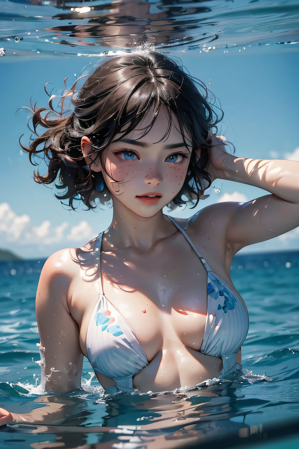 （Hyper-realistic), (illustratio), (A high resolution), (8K), (extremely higly detailed), (Most Best Illustration), (美丽细致的眼睛), (best qualtiy), (ultra - detailed), (tmasterpiece), (详细的脸), 独奏，(dynamicposes)，1 rapariga,18yr old，pupils，Red-black curly hair，freckle，Bigchest，blue color eyes ，Tiny cute，with a round face，Beautiful and moving，swim wears，NSFW