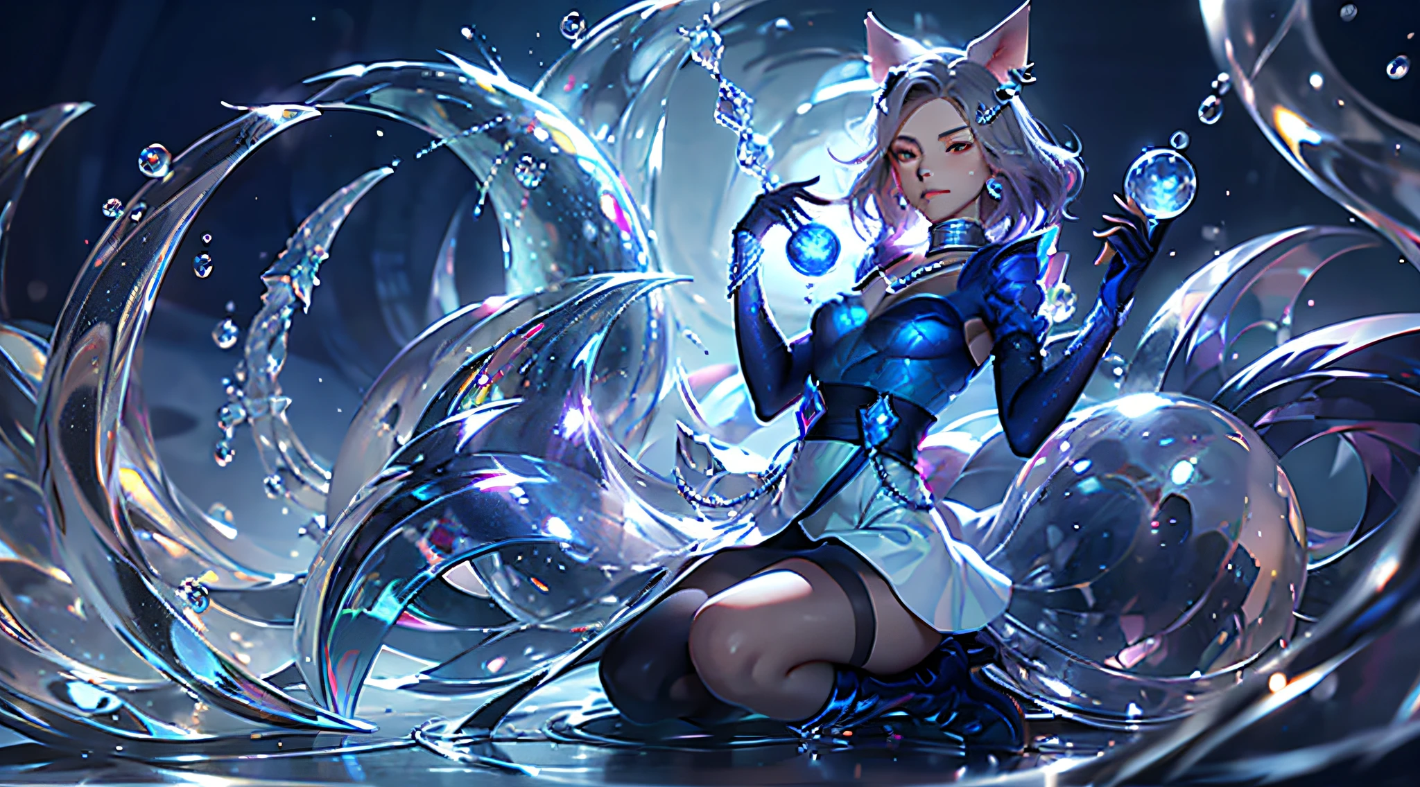 tiara, sailor senishi uniform, blue sailor collar, perfect face knee boots, white gloves, elbow gloves, jewelry, earrings, blue skirt, cowboy shooting, sphere, crystal ball, 1 girl water jade tree water, a beaver, a fox \ (League of Legends), K/DA\ (League of Legends), animal ears, face markings, fox ears, fox tail, orange eyes, multiple tails, tail,