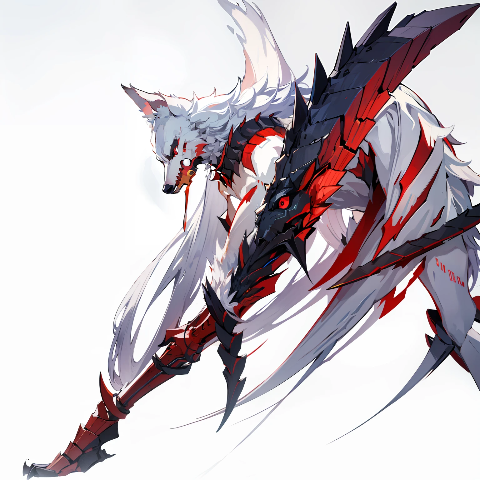 Full body shot, No background, White background, wolf, Red Eyes, Long hair, Slender body, Three tails, wolf arms, ferocity