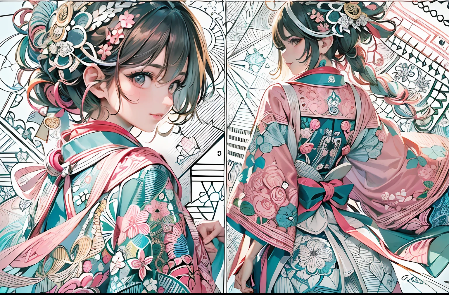 (super top quality)、top-quality、absurderes、Top resolution、hight resolution、8K、Good anatomy、ultra-detailliert、Hyper-detailing、(Ultra detailed backgrounds、detailedbackground)、ighly detailed、Calm tones、(Top quality and ultra-detailed face、Top quality and detailed face:1.5)、(Highest quality and ultra-detailed eyes1.5)、(Zentangle:1.3)、(Geometry:1.42)、(Symmetrical background:1.4)、(Japan girls)、(skirt by the)、(Eight-headed body)、Snowflake、florals、Smiling、Photograph the whole body、frombelow、Back lighting、Backlighting of natural light、Retro、constellation、astrology