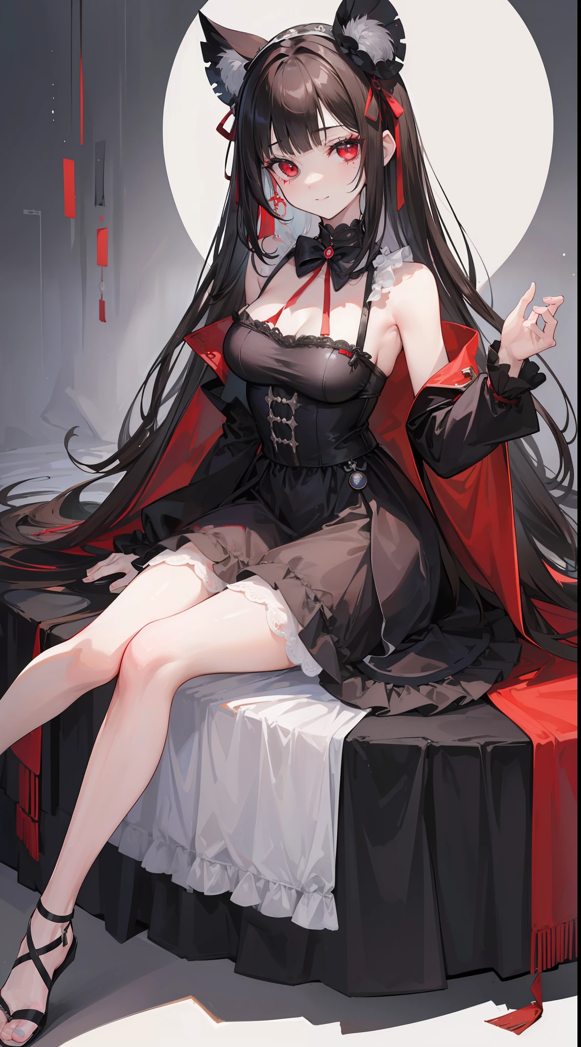 (top-quality、8K、​masterpiece:1.3) One Girl、an eye patch、Highly detailed facial and skin texture、full bodyesbian、very delicate red eyes、二重まぶた、de pele branca、length hair、(with round face:1.5)、A dark-haired、Black Goth Lolita Dress、Hair Ribbon、Smiling、front facing、Full body image from head to toe、erect through、Stand straight