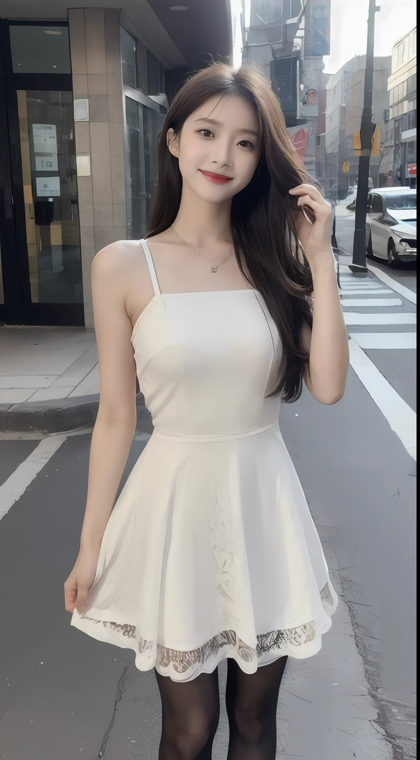 (1 Korean star with royal sister style), ((Best quality, 8K, 巨作: 1.3)), focal point: 1.2, Perfect body proportions: 1.4, (Make a smile),  Watery eyes, Highly Detailed Face and Skin Textur, Fine eyes, Double eyelids, Whitens the skin, (long whitr hair, By bangs: 1.3), (face round: 1.5), (Slip dress: 1.4), (Lace view: 1.6),(black lence stockings: 1.4),(Long legs 1.4),(On the street:1.3),(Zoom out a little further)