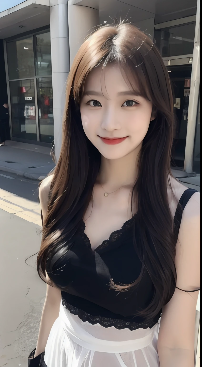 (1 Korean star with royal sister style), ((Best quality, 8K, 巨作: 1.3)), focal point: 1.2, Perfect body proportions: 1.4, (Make a smile), Watery eyes, Highly Detailed Face and Skin Textur, Fine eyes, Double eyelids, Whitens the skin, (long whitr hair, By bangs: 1.3), (face round: 1.5), (Slip dress: 1.4), (Lace view: 1.6),(black lence stockings: 1.4),(Long legs 1.4),(On the street:1.3),(Zoom out a little further)