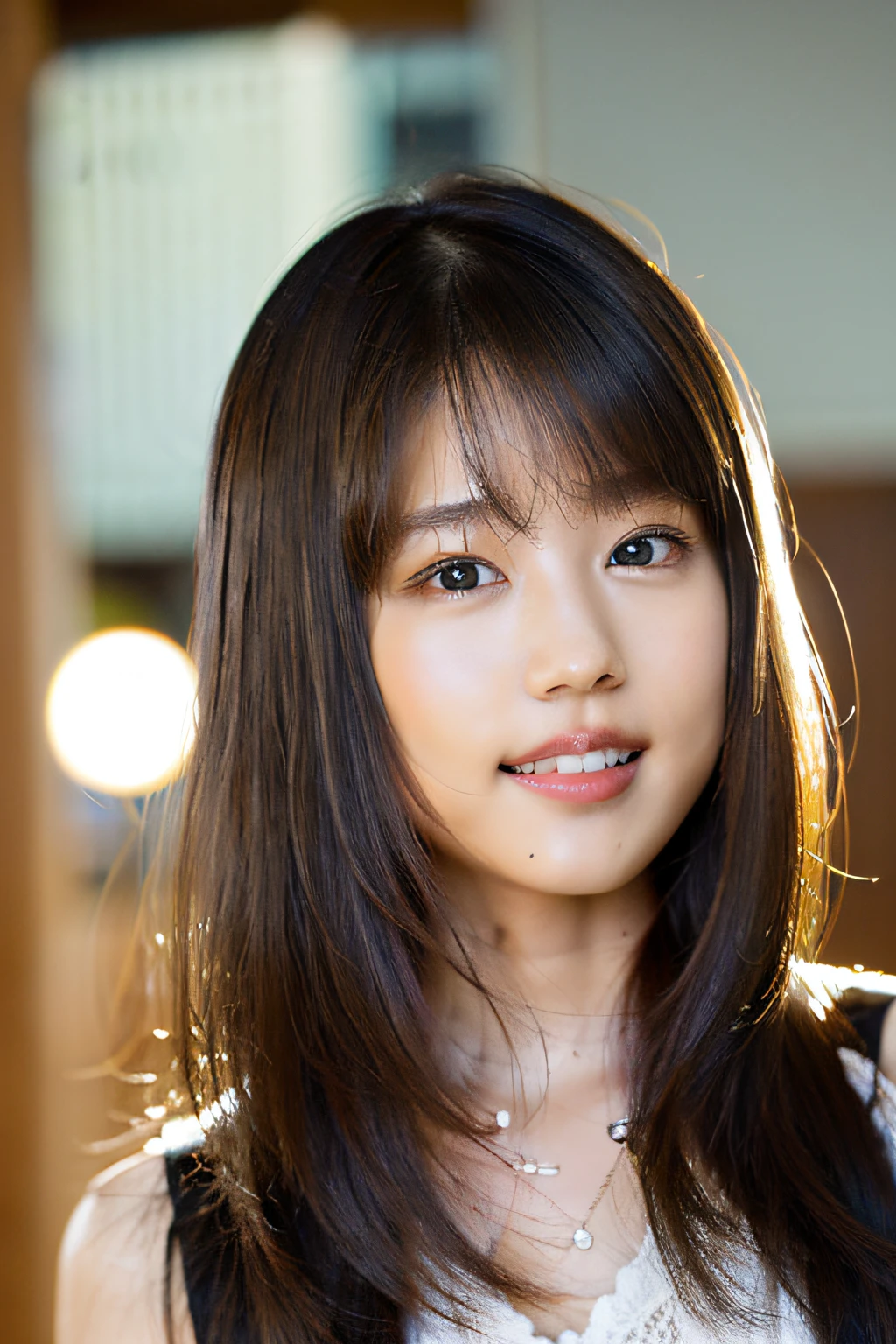 (8k, RAW photo, best quality, masterpiece:1.2), (realistic, photo-realistic:1.37), ultra-detailed, ultra high res,1 girl,looking at viewer,beautiful detailed face,smile,narrow,(slim waist:1.3),shirt, beautiful detailed skin, skin texture, floating hair,professional lighting,