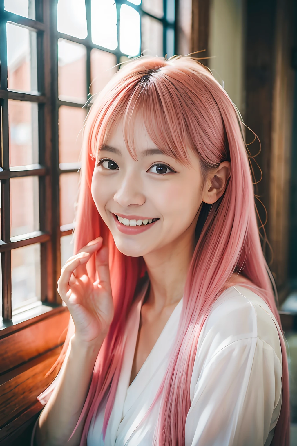 ancient buildings of China,In an old building, a woman posing for a picture, lalisa manobal,sakimichan, Portrait shooting, Anime girl in real life, Pastel portrait shot 8K, A detailed eye,Natural hair,Noble,Look sideways,shy,Smile gently