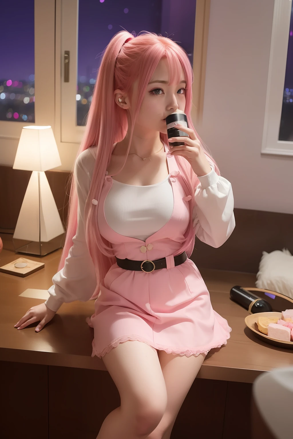 Pink haired anime girl holding a bottle of wine in her hands, rei hino as a princess, marin kitagawa fanart, Yayoi Kasuma, illustrious makinami, during night!!, inspired by Leiko Ikemura, made with anime painter studio, Misato Katsuragi, Anime girl named Lucy, Wallpaper!, juri misaki, anime girl drinks energy drink